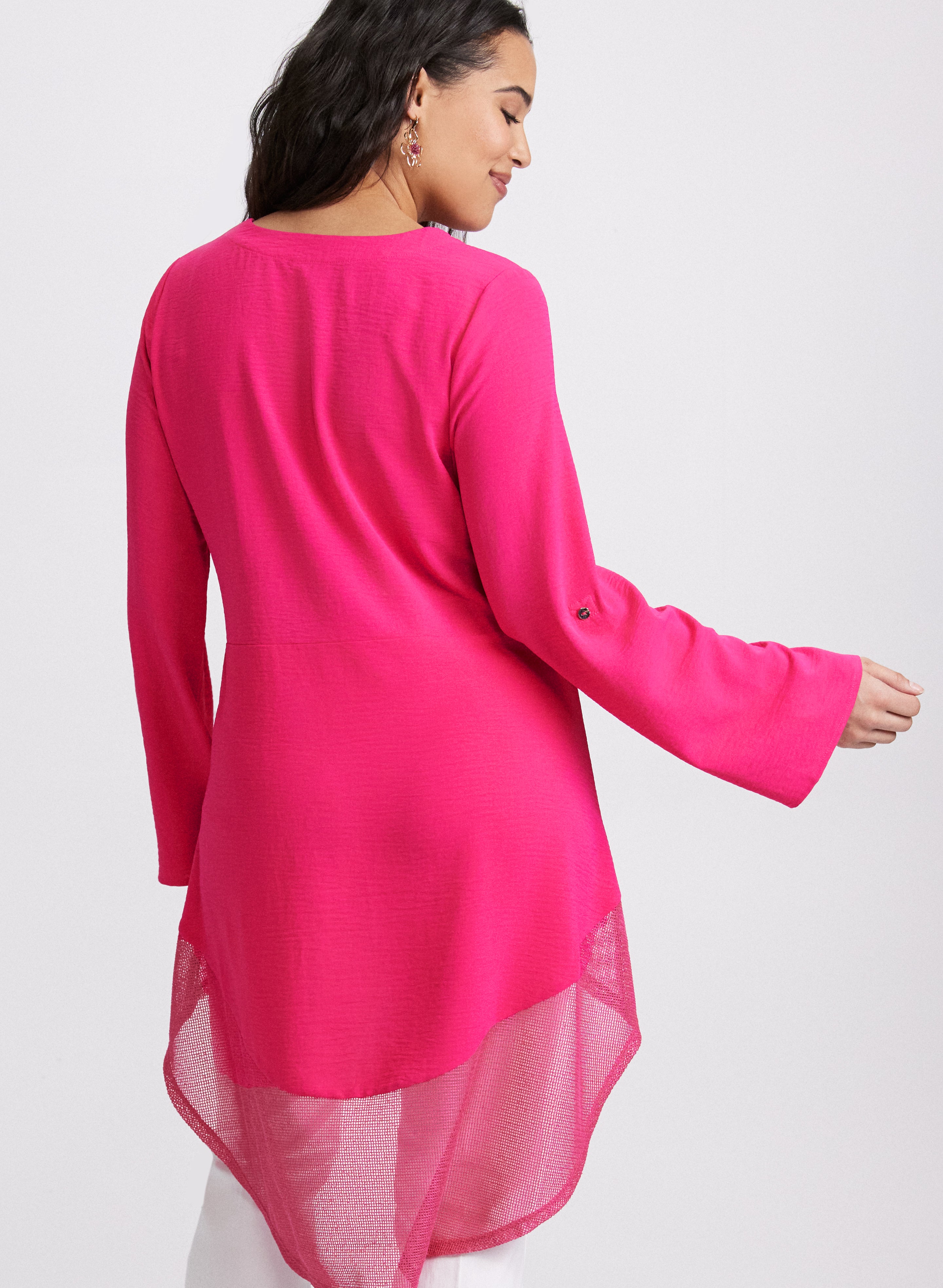 Asymmetric Mesh Hem Tunic Top for Women - Stylish Flowy Blouse for Casual Wear, Office Outfits & Evening Events