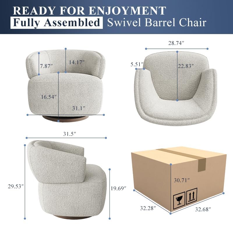 RoyalCraft Swivel Accent Chair Set of 2 - Fully Assembled Modern Round Barrel Chairs with 360° Rotation, Oversized Upholstered Armchairs for Living Room, Bedroom & Office - Soft Griege Fabric - Perfect for Reading Nooks, Conversation Areas & Small Spaces