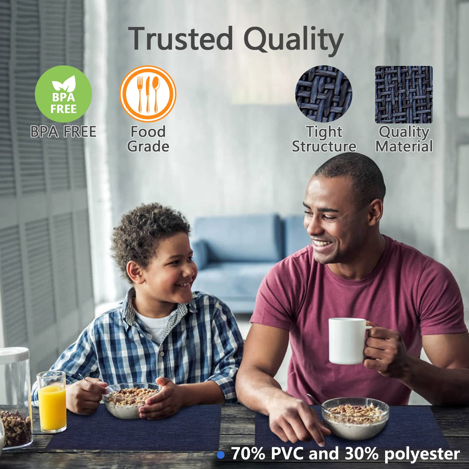 4-Pack Woven Vinyl Placemats - Waterproof & Washable Indoor/Outdoor Dining Mats for Kitchen, Patio, Picnic - Dark Blue Table Setting Essentials