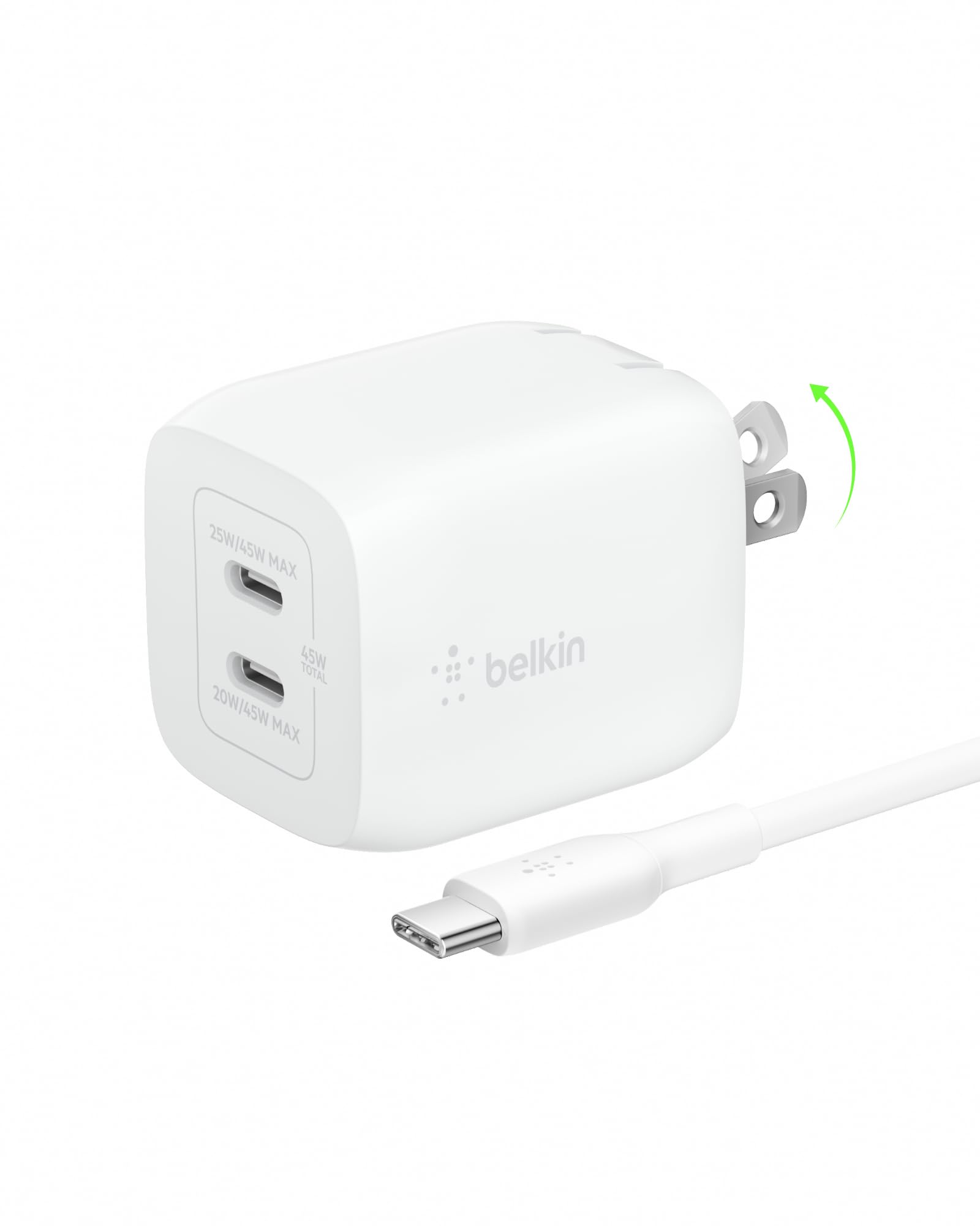 Belkin BoostCharge Pro 45W Dual USB-C GaN Wall Charger - Fast Charging for MacBook, iPhone, iPad, Galaxy, Google Pixel | 2X USB-C PD 3.0 Ports | Includes USB-C Cable | Compact & Powerful | Perfect for Travel, Office & Home Use - White