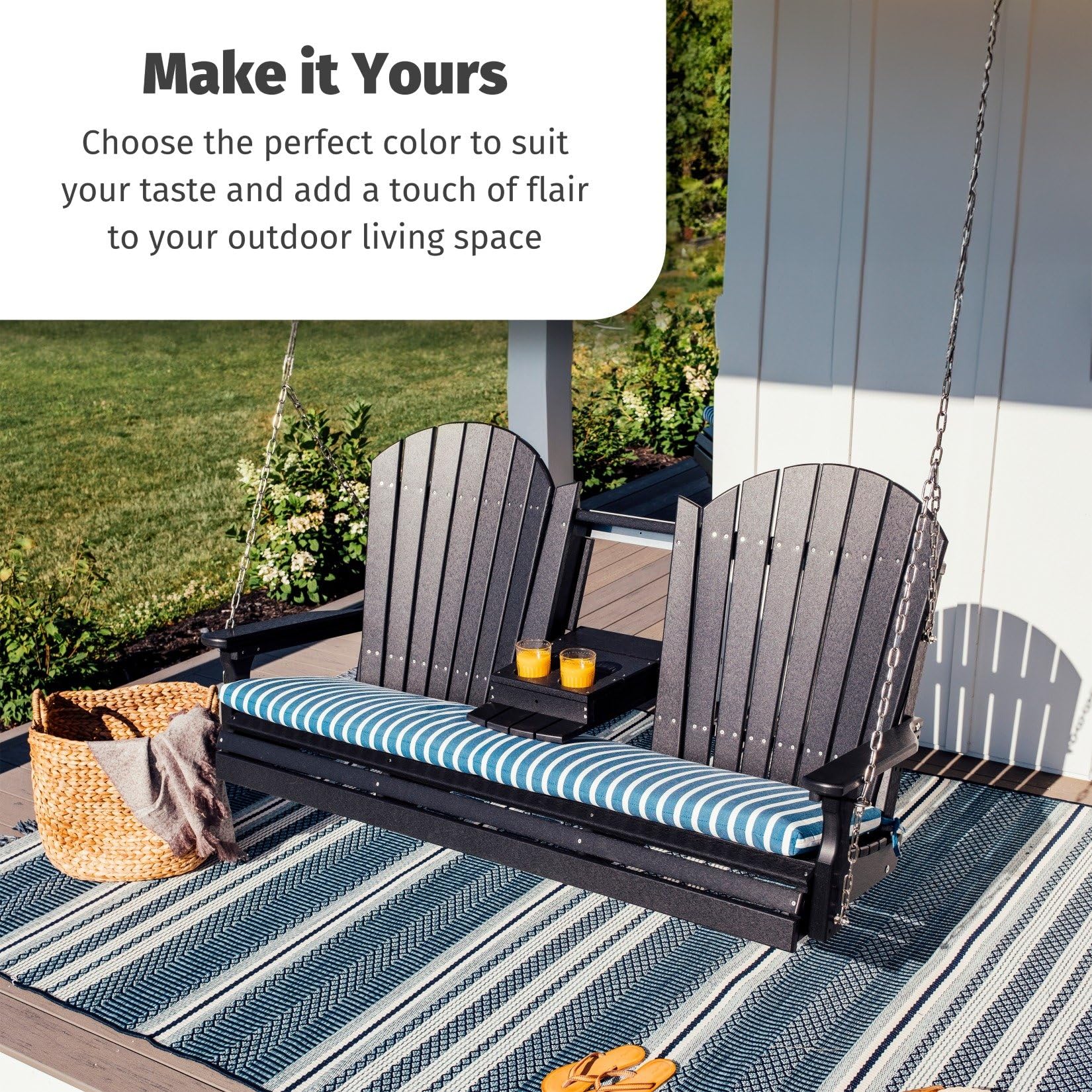 Premium 5' Adirondack Hanging Porch Swing with Flip-Down Console - Cedar & Black Outdoor Patio Swing Bench for Relaxation | Perfect for Backyard, Garden, Deck & Front Porch Lounging