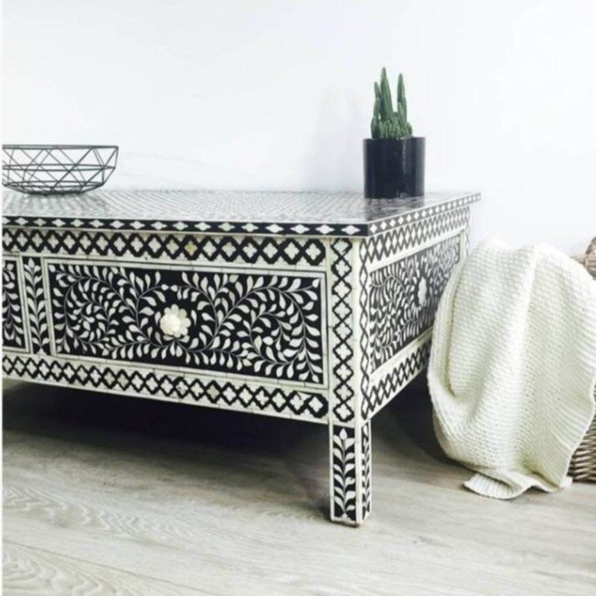 Handmade Bone Inlay Black Coffee Table with Two Drawers - Elegant Boho Side Table for Living Room, Bedroom & Office Decor