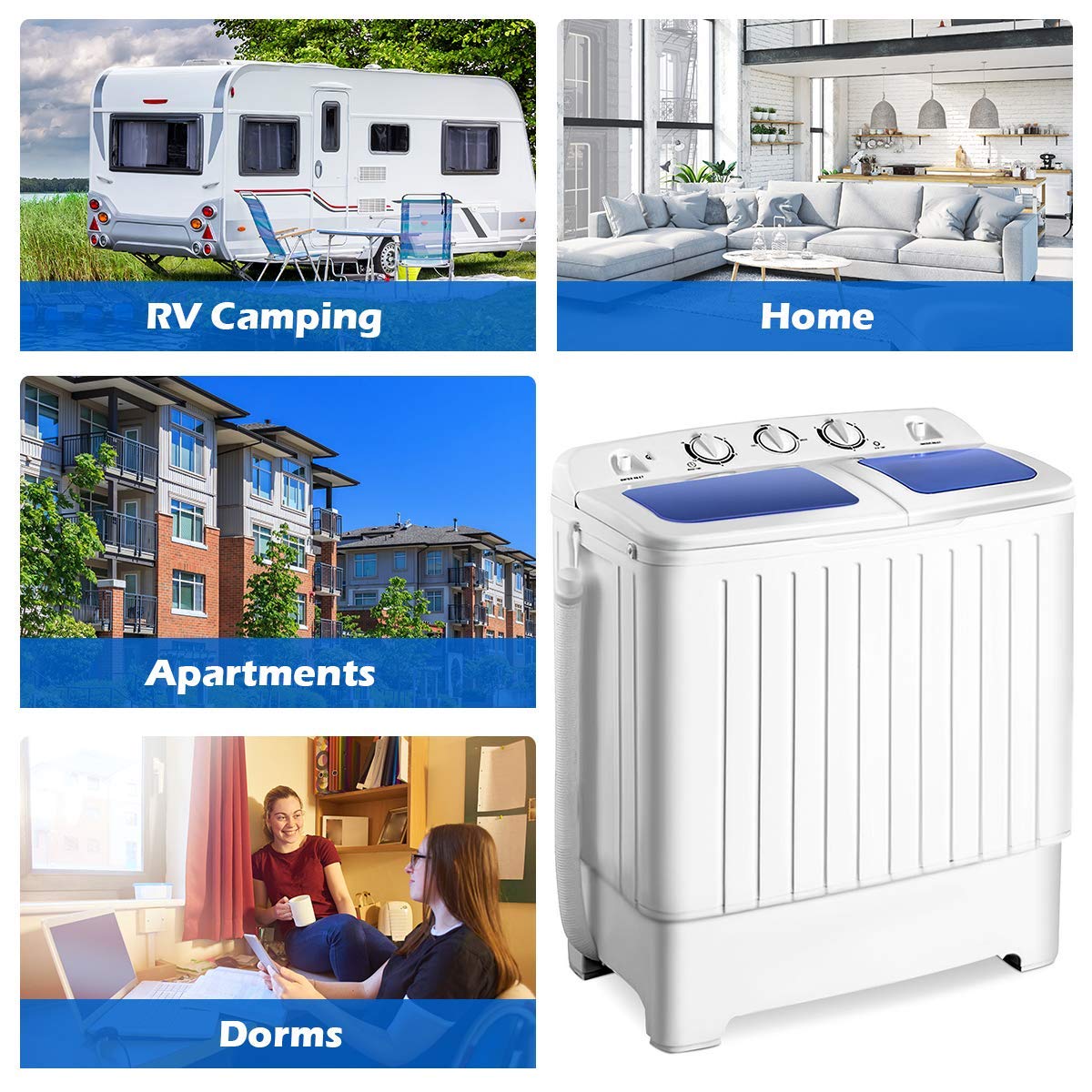 Portable Mini Compact Twin Tub Washing Machine 17.6lbs Capacity - Lightweight Laundry Washer with Spin Dryer, Blue & White - Perfect for Apartments, RVs, Camping & Small Spaces
