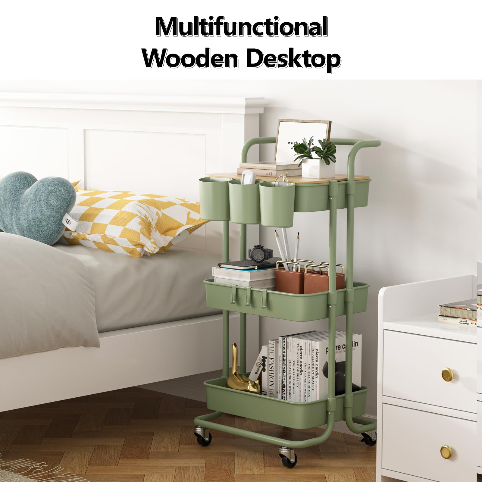 3 Tier Rolling Utility Cart with Lockable Wheels - Metal Handle, Table Top, Hanging Cups & Hooks - Plastic Storage Baskets for Bathroom, Classroom, Office, Kitchen & Pantry Organization - Perfect for Small Space Storage & Mobile Workstations (Green)