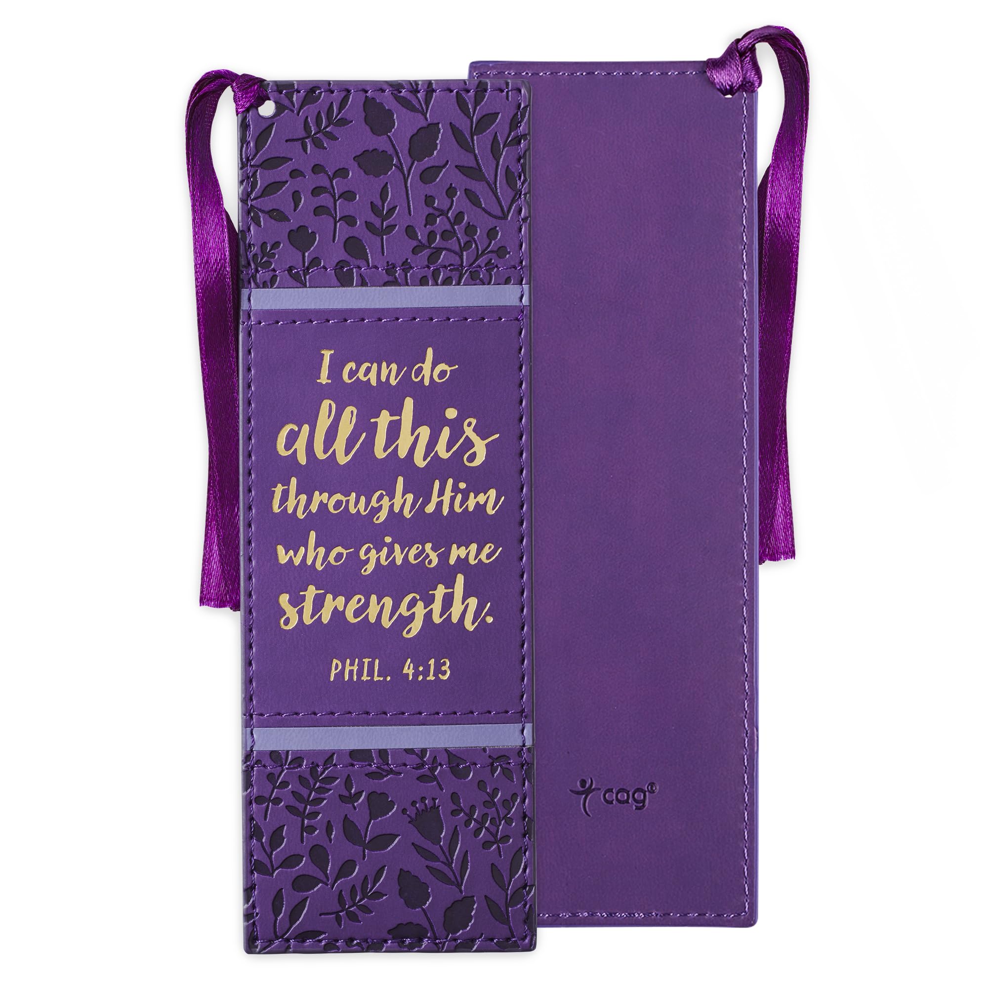 Inspirational Vegan Leather Scripture Bookmark for Women - Christian Art Gift with 'I Can Do All Things' Bible Verse, Satin Ribbon Tassel, Heat-Debossed Purple Floral & Gold Design - Perfect for Bible Study, Journaling & Book Lovers