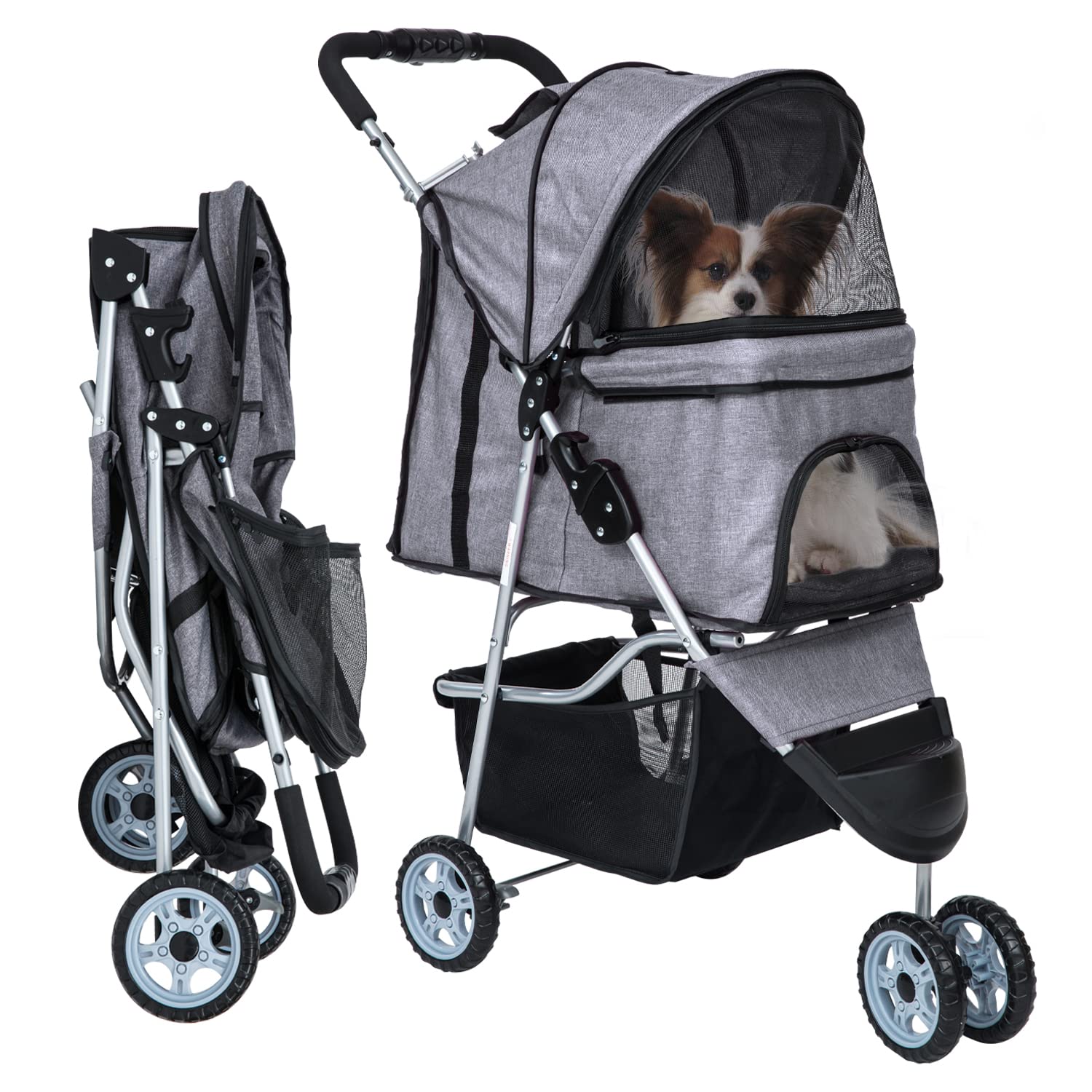 Lightweight Waterproof Folding Dog Stroller for Small & Medium Dogs & Cats - Travel Pet Stroller with Storage Basket, Grey | Perfect for Outdoor Walks, Vet Visits & Shopping Trips