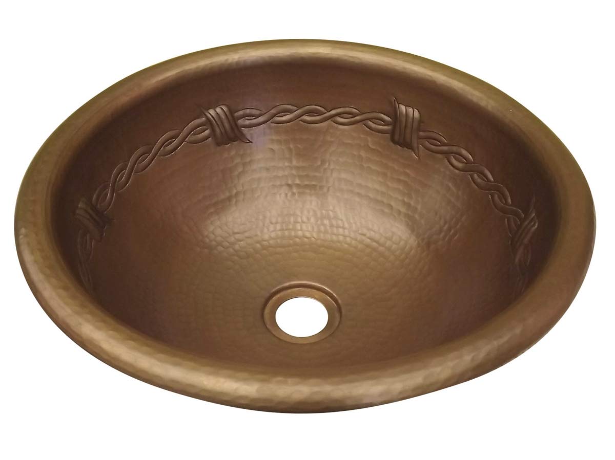 Barbwire Design Matte Copper Round Bathroom Sink - 15 Inch Farmhouse Vessel Vanity Sink for Rustic & Modern Bathroom Decor | Perfect for Bathroom Remodel, Guest Bath, Powder Room