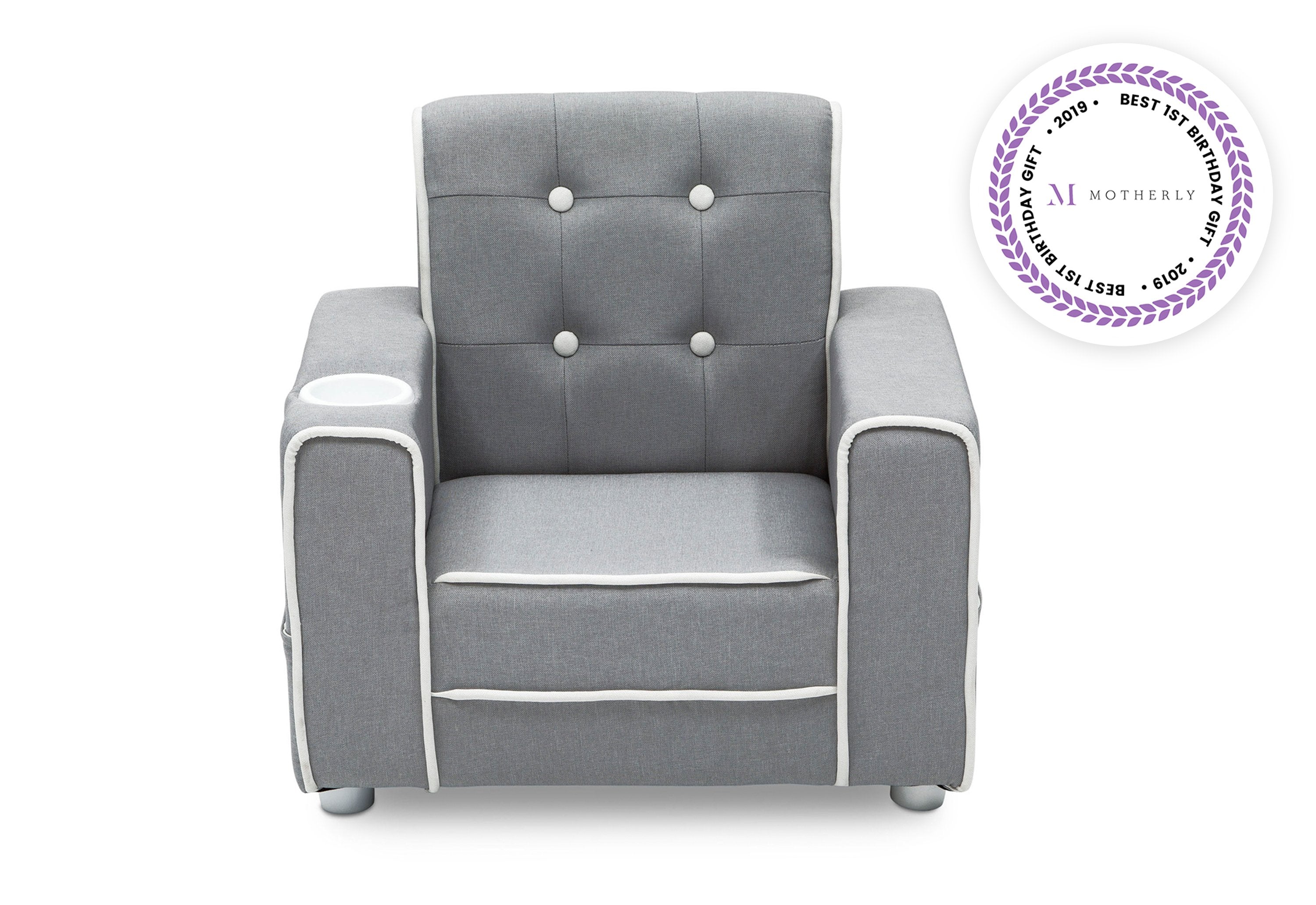 Chelsea Kids Upholstered Chair with Cup Holder - Comfortable Children's Armchair for Reading, Gaming & Relaxing - Perfect for Bedroom, Playroom or Nursery