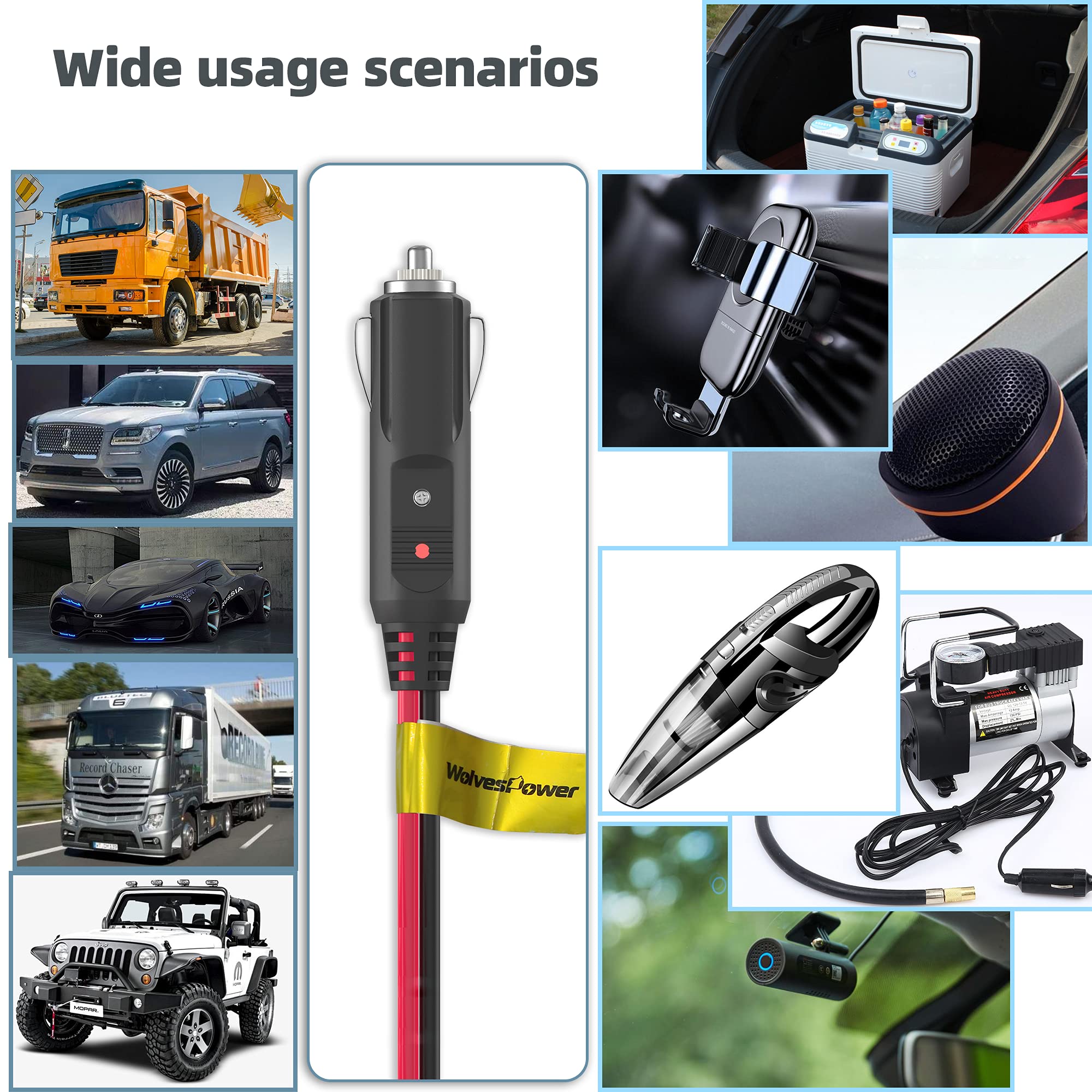 WolvesPower 3FT 12V/24V Cigarette Lighter Splitter - Dual USB Car Charger Adapter with 14AWG 15A Fuse, Male to 2 Female Sockets for Truck, RV, Boat - Perfect for Charging Phones, GPS & Car Accessories On The Go