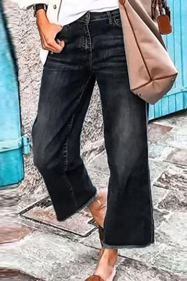 Stylish Raw Edge Mid Rise Pocket Stretch Straight Leg Jeans for Women | Comfortable & Trendy Denim Pants for Casual Wear, Work & Everyday Outfits