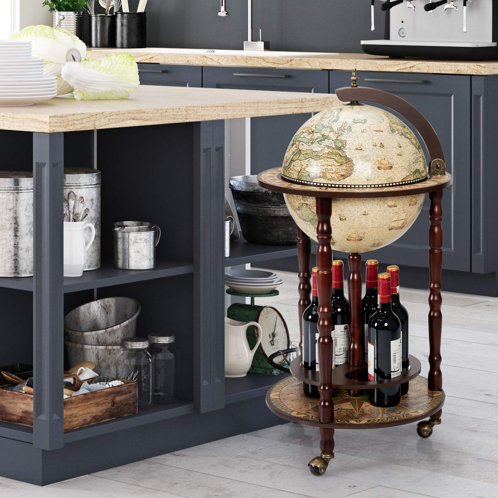Byroce Globe Bar Cart - Wooden Wine Bar Cabinet with Wheels & Liquor Bottle Shelf - Italian Style Rolling Liquor Cabinet for Home Bar, Dining Room & Living Room - Cream White - Perfect for Cocktail Parties, Wine Tasting & Home Entertaining