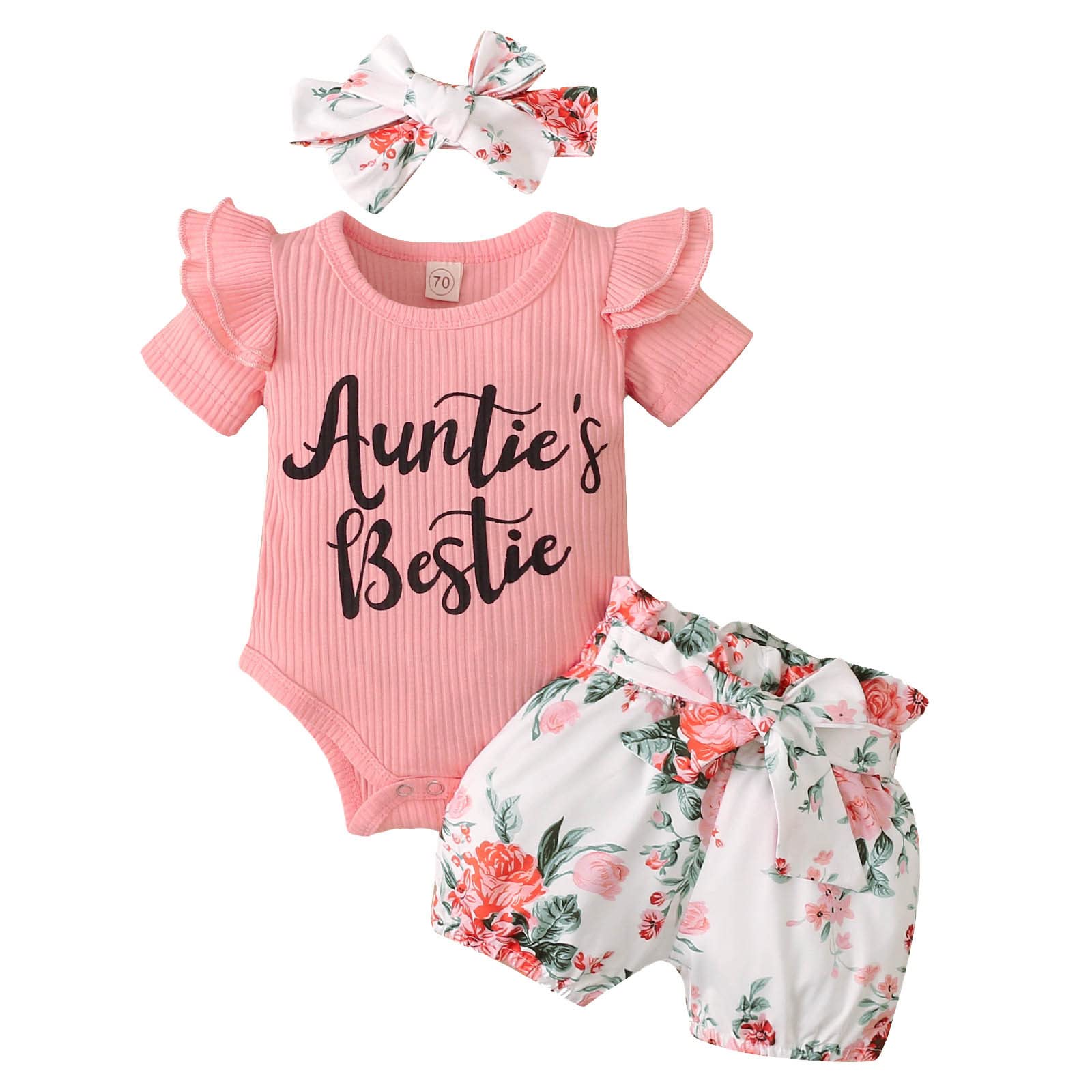 Baby Girls' Short Sleeve Letter Printed Romper Bodysuit & Floral Shorts Set with Headband - Cute Infant Outfit for Playdates, Photo Shoots & Summer Activities