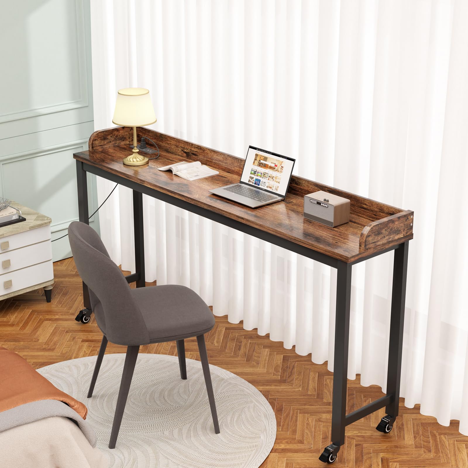 Walnut Overbed Table with Wheels & Charging Station - 70.8