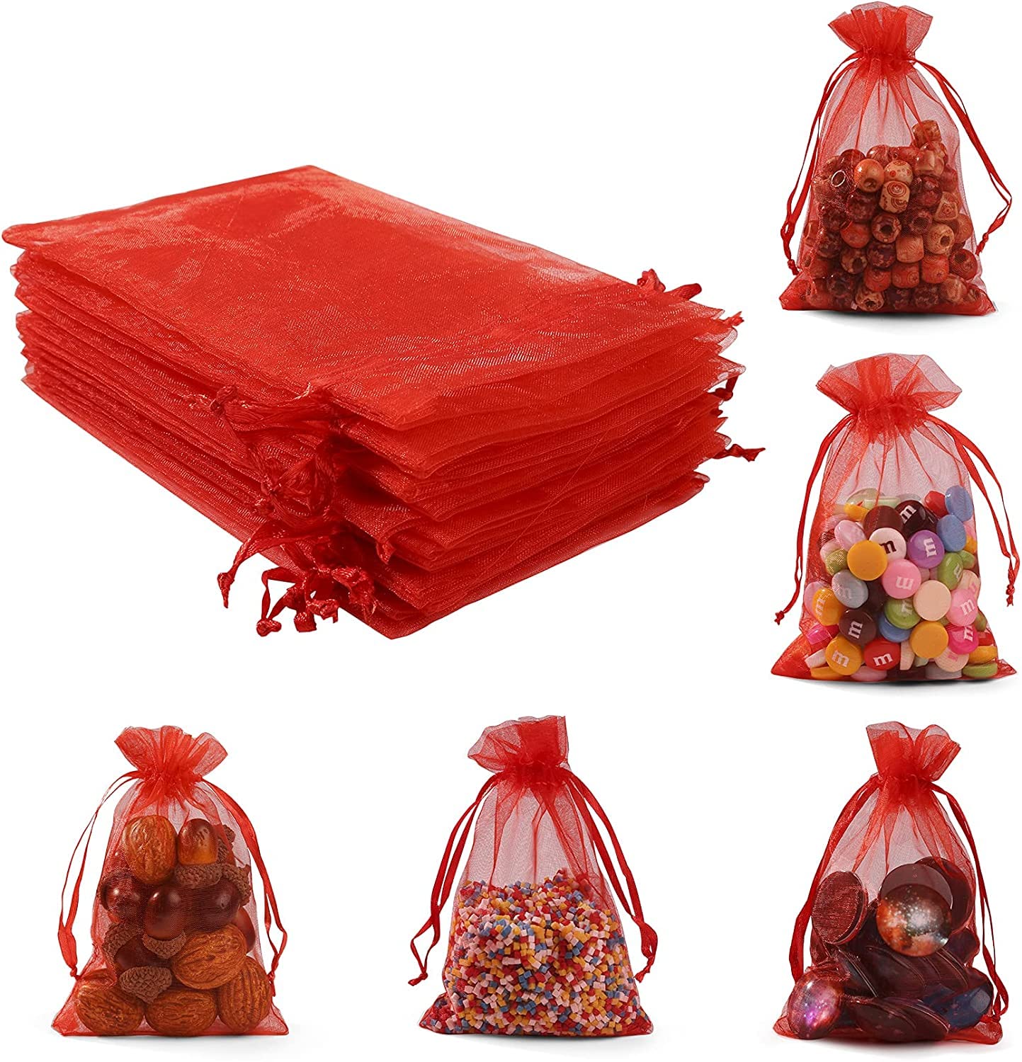 Premium 50PCS Red Organza Gift Bags 5x7 Inches - Drawstring Mesh Bags for Wedding Favors, Party Favors, Bridal Shower, Birthday Gifts & Jewelry Packaging - Elegant Sheer Favor Pouches for Special Occasions