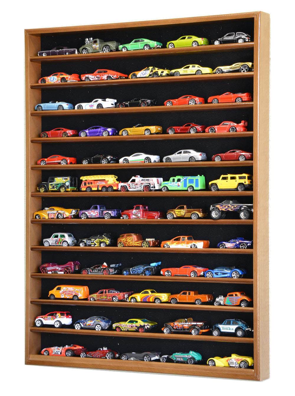 60-Piece Hot Wheels & Matchbox 1/64 Scale Diecast Car Display Case - Walnut Wood Finish for Collectors - Perfect for Showcase, Storage & Home Decor