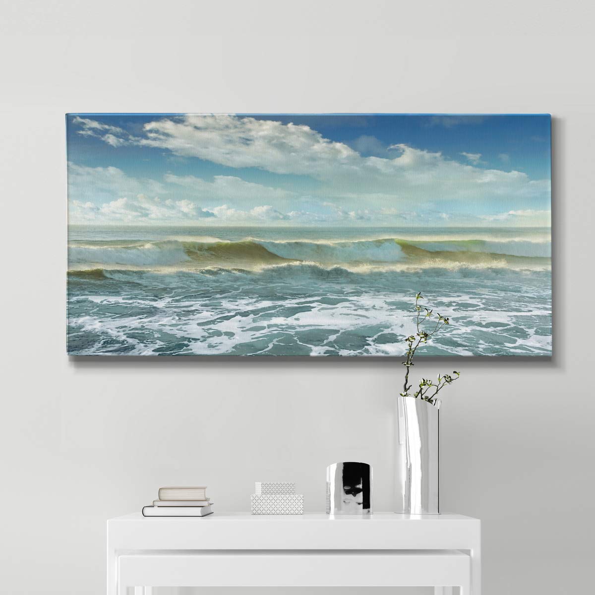 Modern Ocean Surf Canvas Wall Art - Blue Beach Landscape Print for Living Room, Bedroom, Bathroom & Office Decor - Ready to Hang 24x48 Inches - Coastal Home & Vacation House Wall Decor