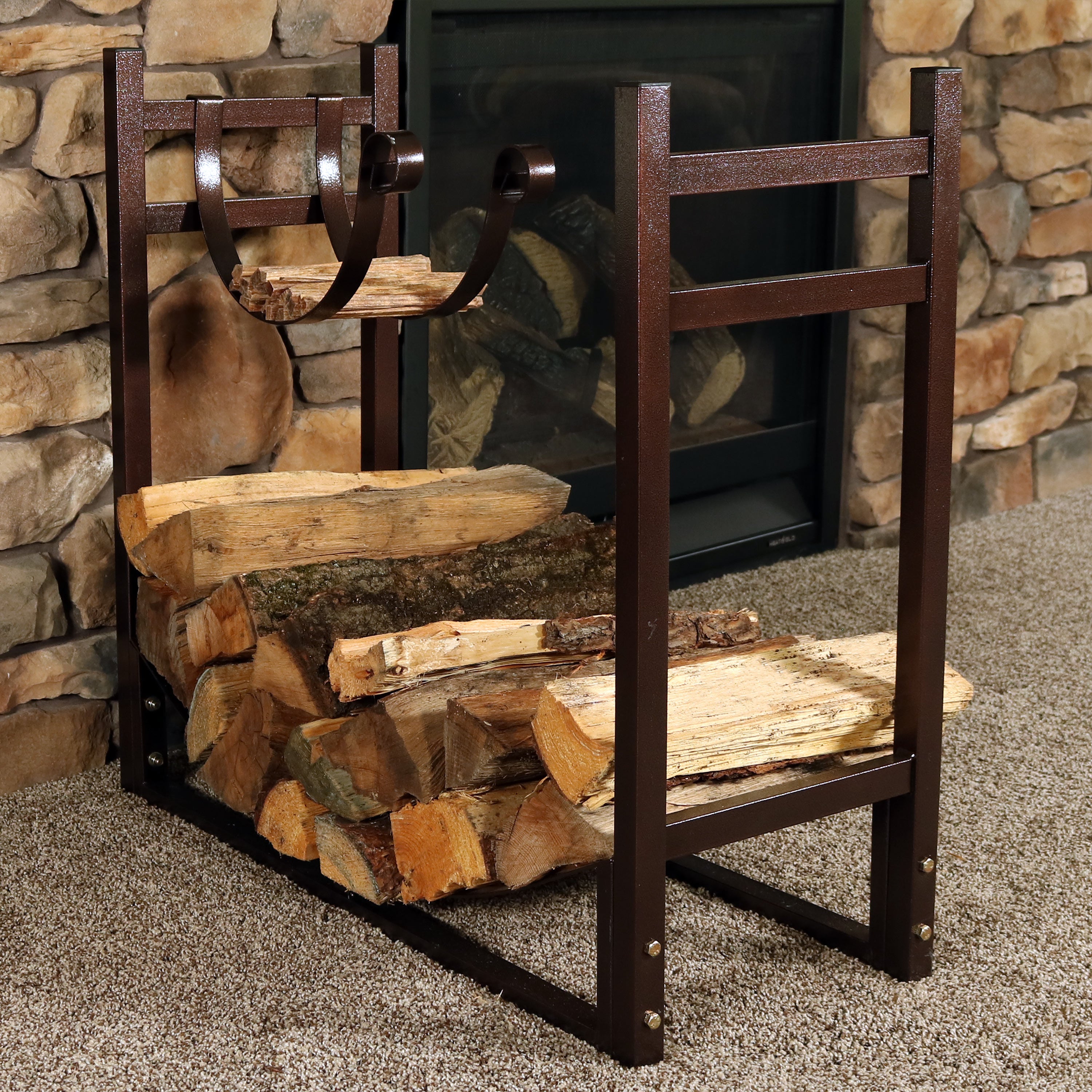 Outdoor Firewood Storage Rack with Kindling Holder - Heavy Duty Steel Log Rack for Firewood Storage - Perfect for Patio, Backyard, and Camping
