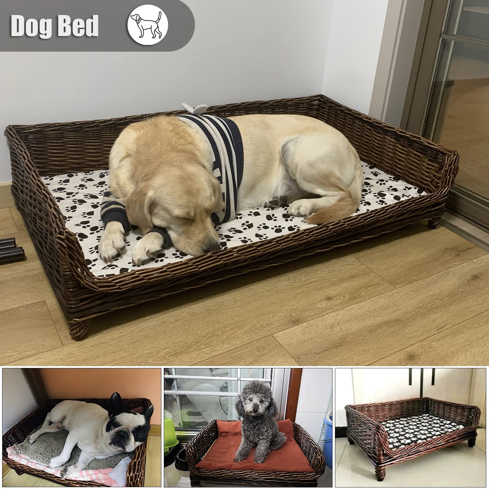 Premium Brown Elevated Dog Bed with Bamboo Mat - Wicker/Rattan Pet Cot for Large/Medium/Small Dogs, Cats & Rabbits - Breathable Sofa Style (120x70cm) - Perfect for Indoor/Outdoor Use in Living Room, Patio or Garden