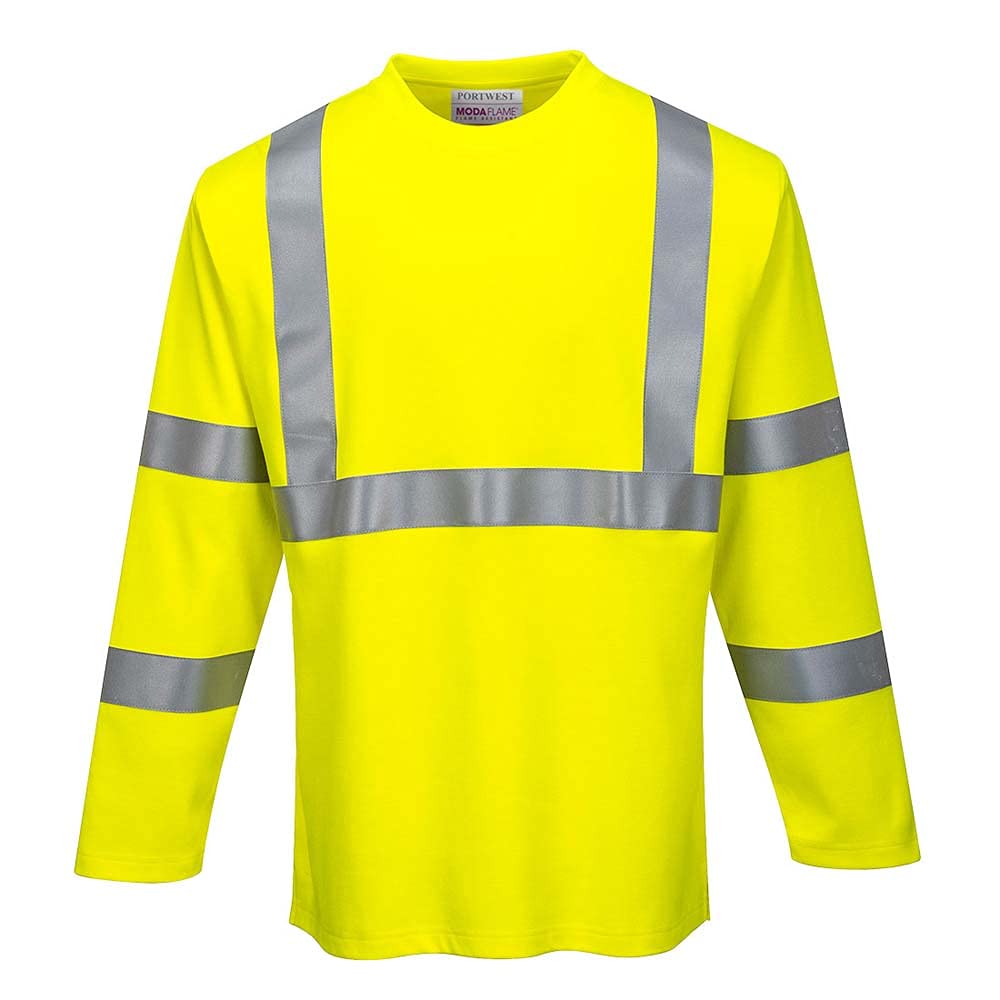Portwest FR96 FR Lightweight Hi-Vis Long Sleeve T-Shirt - Flame Resistant Safety Workwear, High Visibility Yellow, X-Large Size - Ideal for Construction, Road Work & Industrial Safety