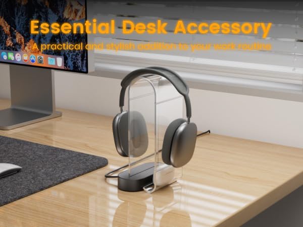 RGB Gaming Headphone Stand with USB Ports - Acrylic Headset Holder with 10 Light Effects, 1 USB-C & 2 USB-A Ports - PC Gaming Accessories for Gamers - Clear Desk Organizer for Gaming Setup, Streaming Station & Home Office