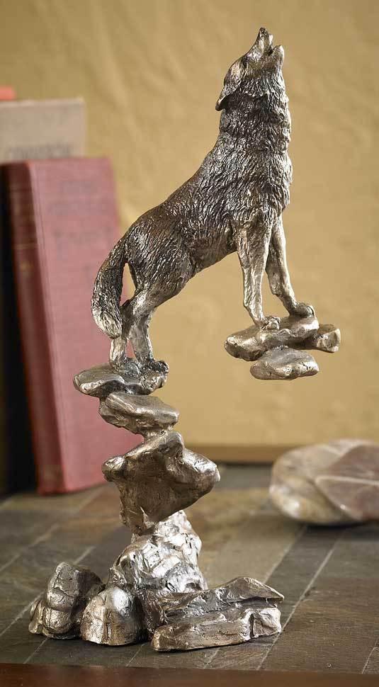 Howling Wolf on Rocks - 9 x 6 Inch Handcrafted Wolf Sculpture for Home Decor, Office Desk, or Outdoor Garden Display