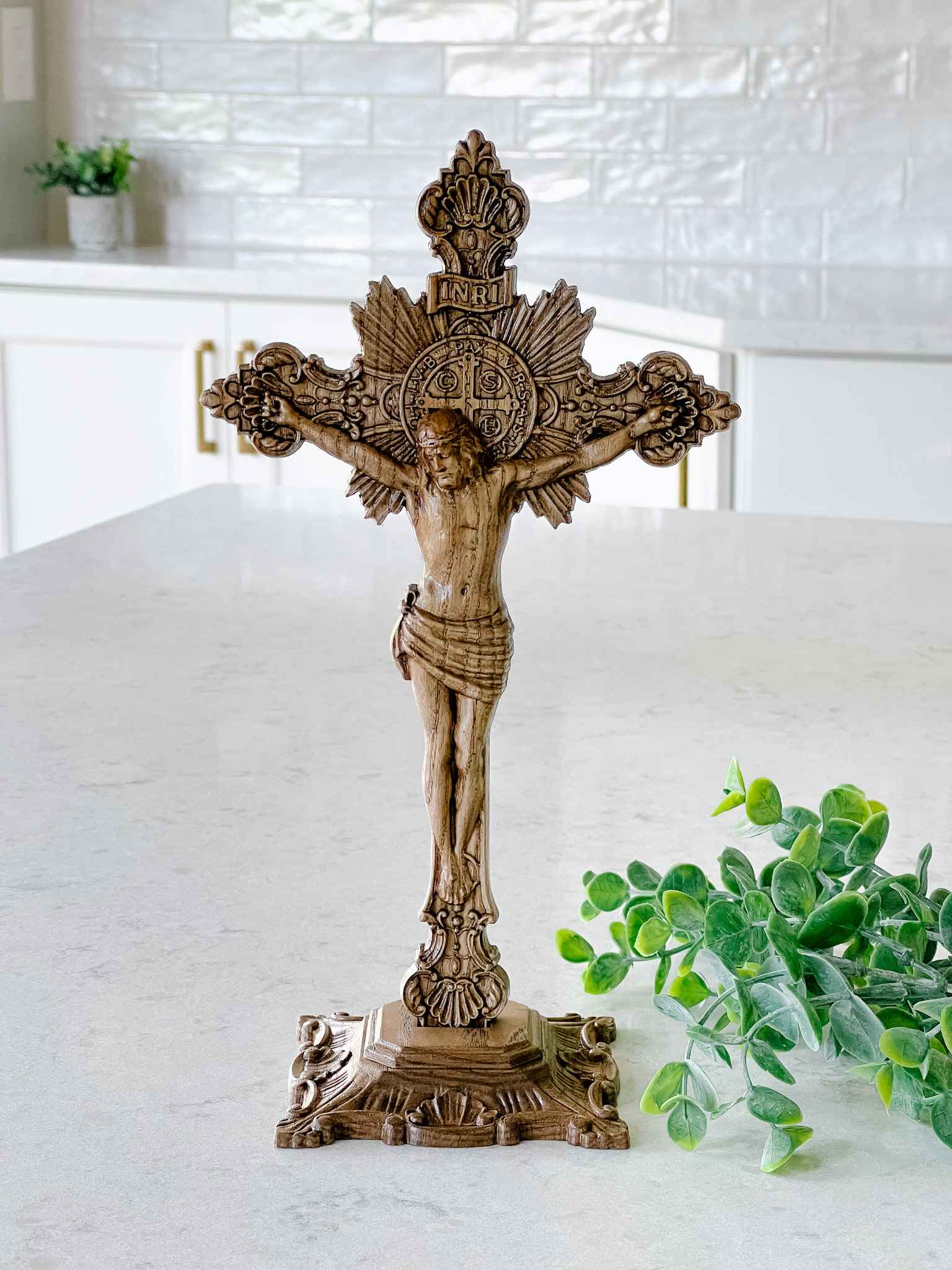Hand-Carved Wooden Crucifix with Display Base - Perfect for Home Altar, Church Decor, and Religious Gifts