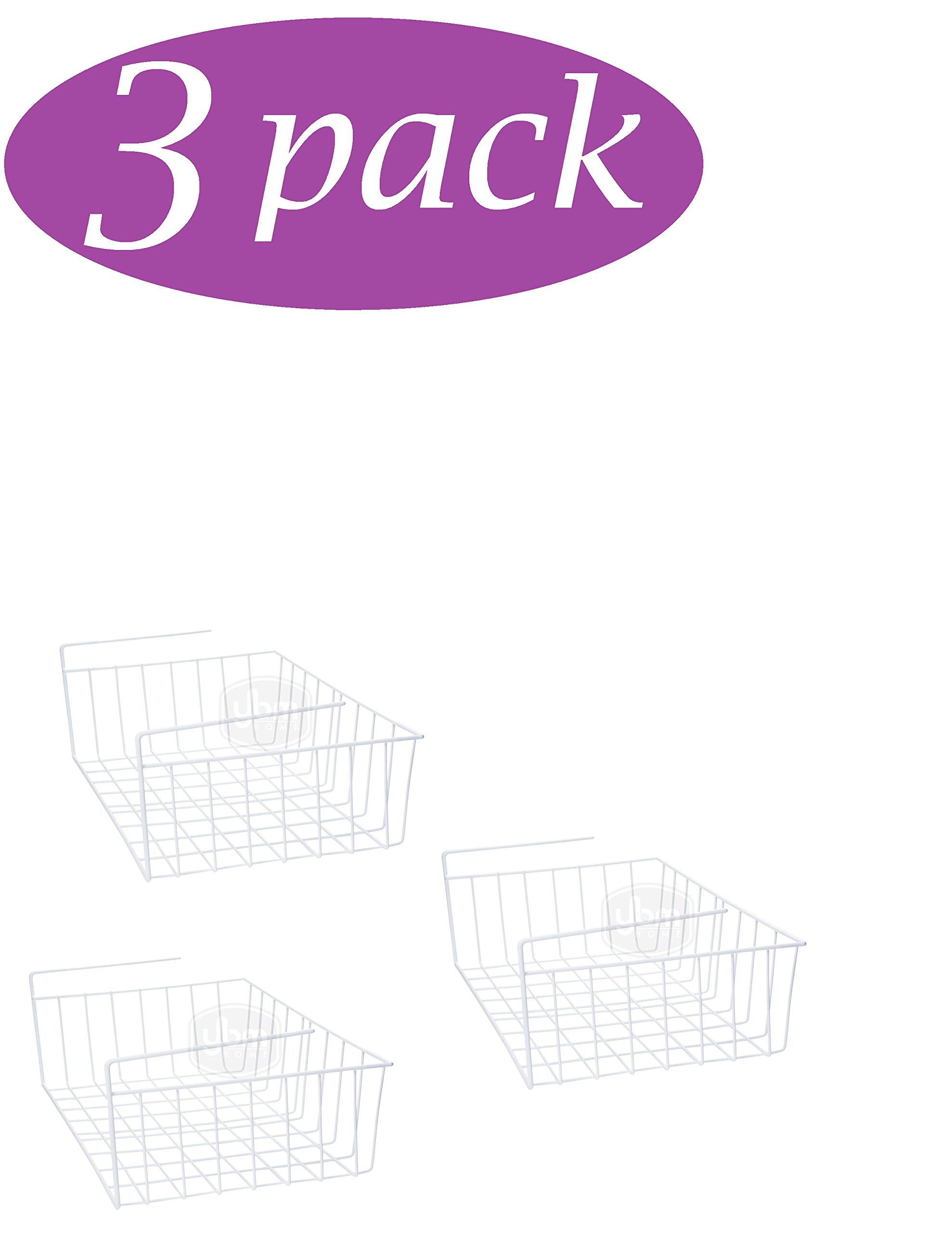 YBM Under Shelf Wire Basket Organizer - 3 Pack White, Medium Hanging Storage Rack for Kitchen Pantry & Cabinet - Adds Extra Space Under Shelves - Perfect for Spices, Utensils, and Small Kitchen Items