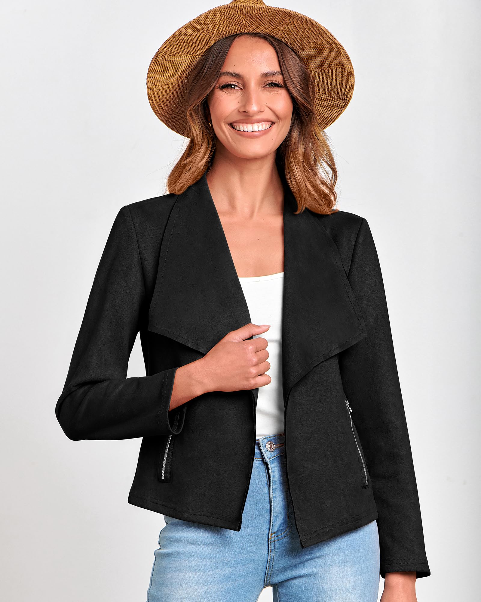 BTFBM Women's Faux Suede Jacket - Elegant Lapel Long Sleeve Open Front Cropped Coat for Spring & Summer 2025 | Perfect for Office Wear, Date Nights & Casual Outings
