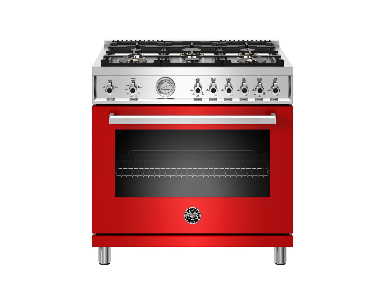Bertazzoni PROF366GASROT 36 Inch Professional Gas Range with 6 Brass Burners in Rosso Red - Perfect for Home Kitchens & Gourmet Cooking