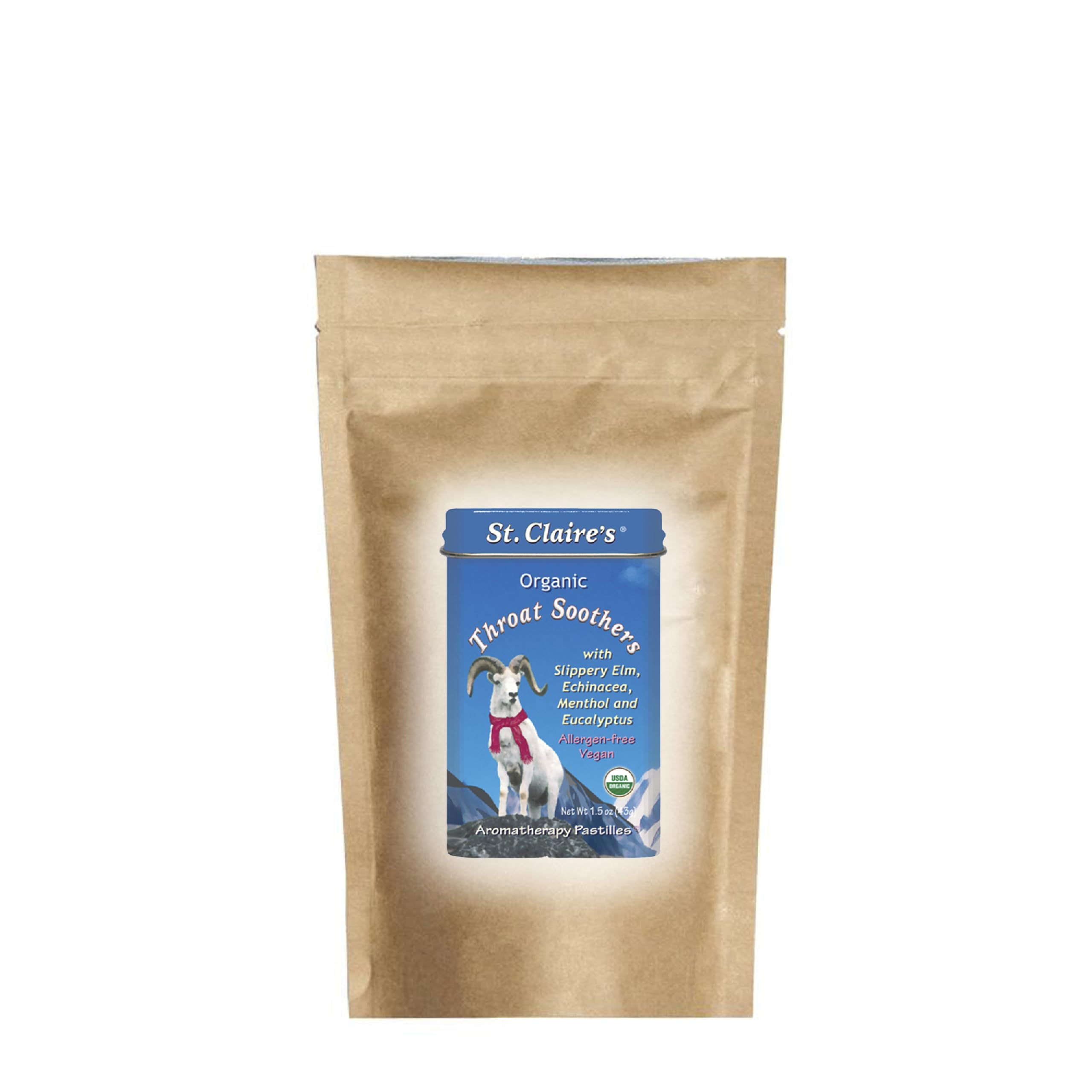 St. Claire's Organics Throat Soothers - 8 Ounce Refill Bag | Gluten-Free, Vegan, Non-GMO, Plant-Based, Allergen-Free Lozenges | Made in USA | Soothes Sore Throat, Cough Relief for Adults & Kids | Perfect for Travel, Work & Home Use