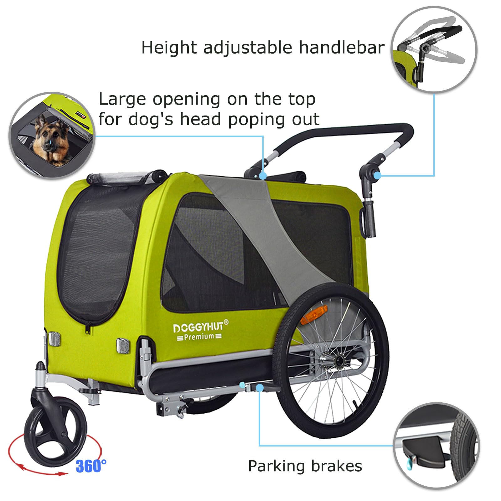 DOGGYHUT® Premium Large/XL Pet Bike Trailer & Stroller for Big Dogs - Heavy Duty Bicycle Carrier with Low Center Gravity, Parking Brakes & Foldable Frame - Perfect for Cycling, Jogging & Outdoor Adventures with Your Dog