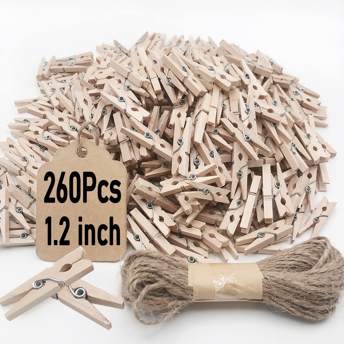 260-Piece Mini Wooden Clothes Pins with Jute Twine - Small Clothespins for Hanging Photos, DIY Crafts, Scrapbooking & Home Decor - Perfect for Laundry, Art Projects & Party Decorations