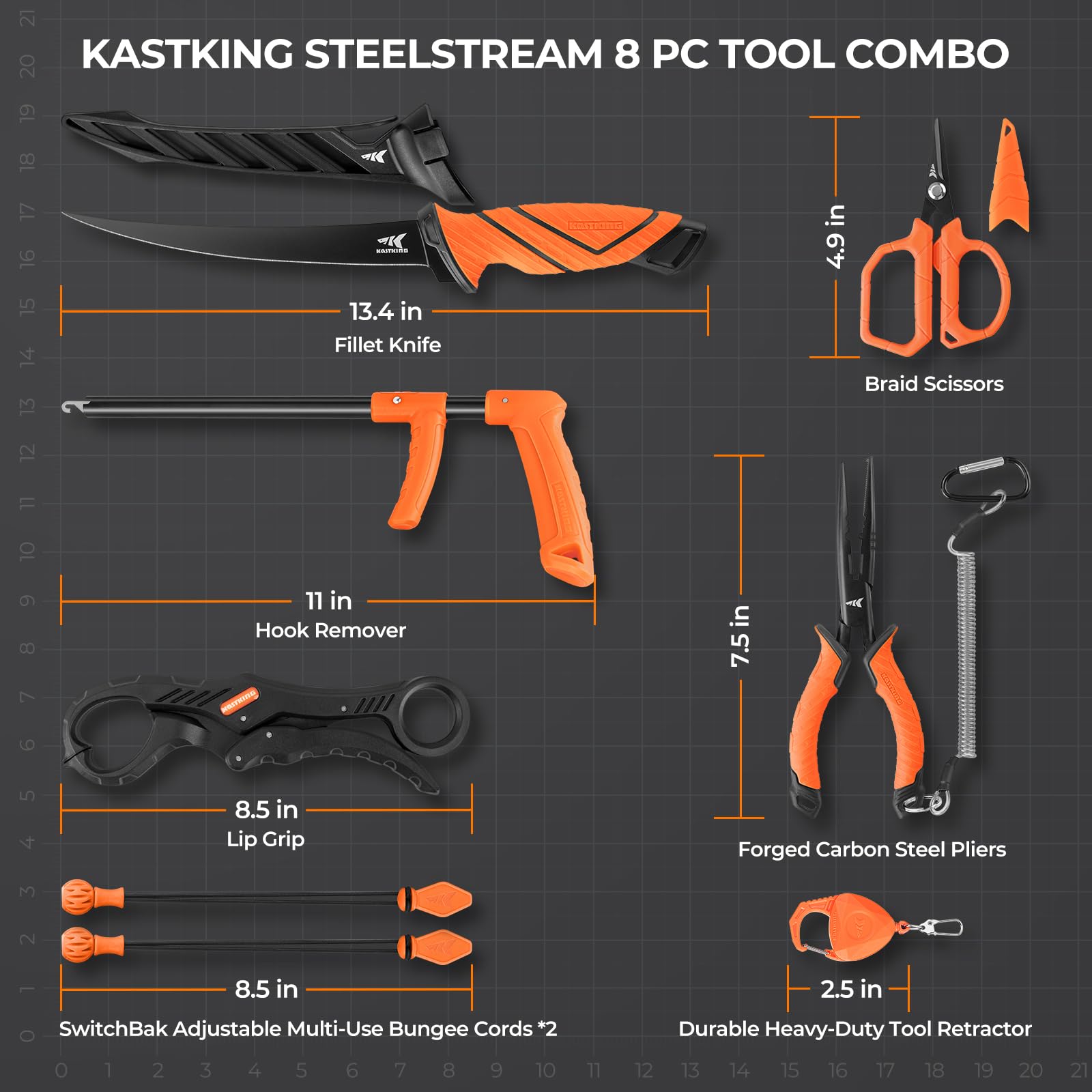 KastKing SteelStream 8-Piece Fishing Tool Kit - Premium Fishing Pliers with Lanyard, Fillet Knife, Floating Fish Lip Gripper, Braid Scissors, Hook Remover & Bungee Cords - Perfect for Saltwater & Freshwater Fishing, Kayak & Boat Anglers