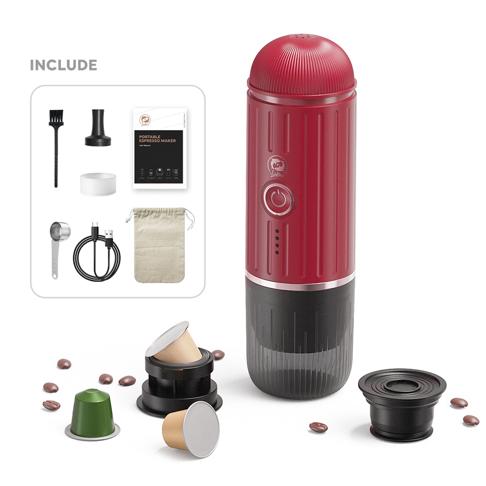 Portable Electric Espresso Machine - USB-C & 12V Travel Coffee Maker for Camping, Hiking, RV & Office - Self-Heating Car Coffee Maker with Ground Coffee & NS Capsule (Red) - Perfect for Outdoor Adventures & Daily Commutes