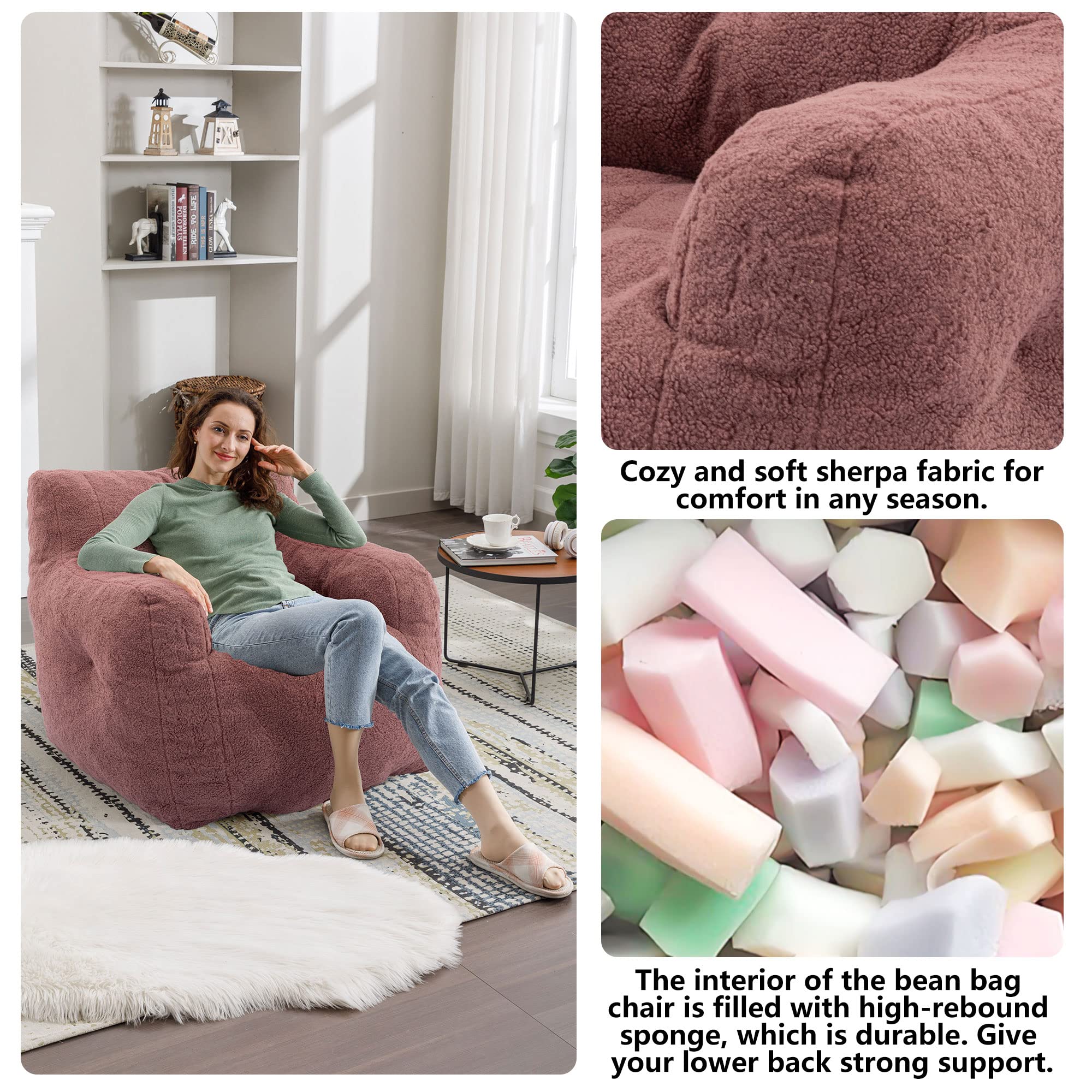 Recaceik Tufted Soft Fluffy Bean Bag Chair with Filler - Giant Imperial Lounger Lazy Sofa for Bedroom & Living Room - Large Rufous Color - Perfect for Relaxing, Gaming, and Movie Nights