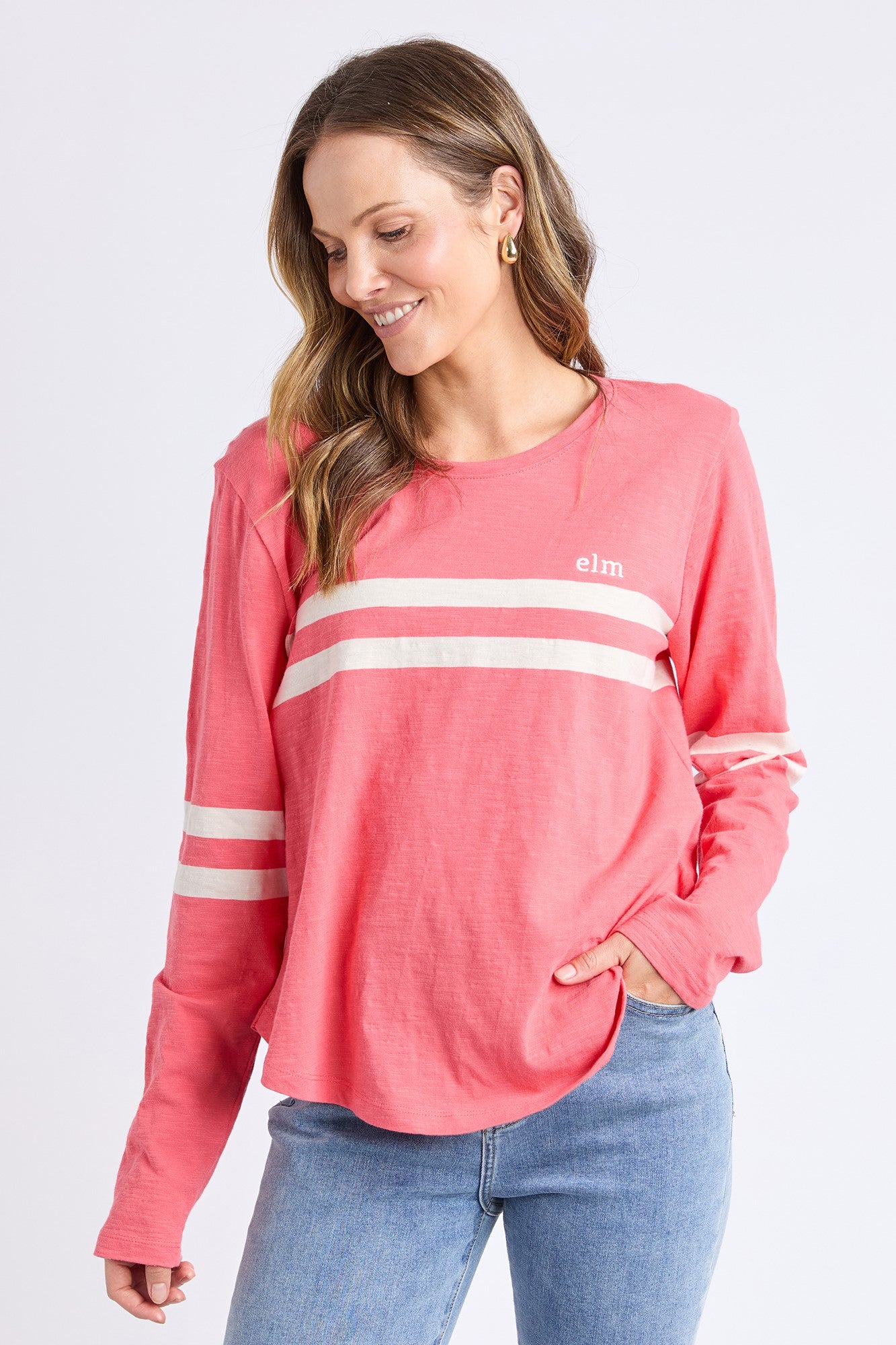Elm Adora Women's Long Sleeve T-Shirt - Soft Coral Cotton Top for Casual Wear, Layering & Fall Fashion