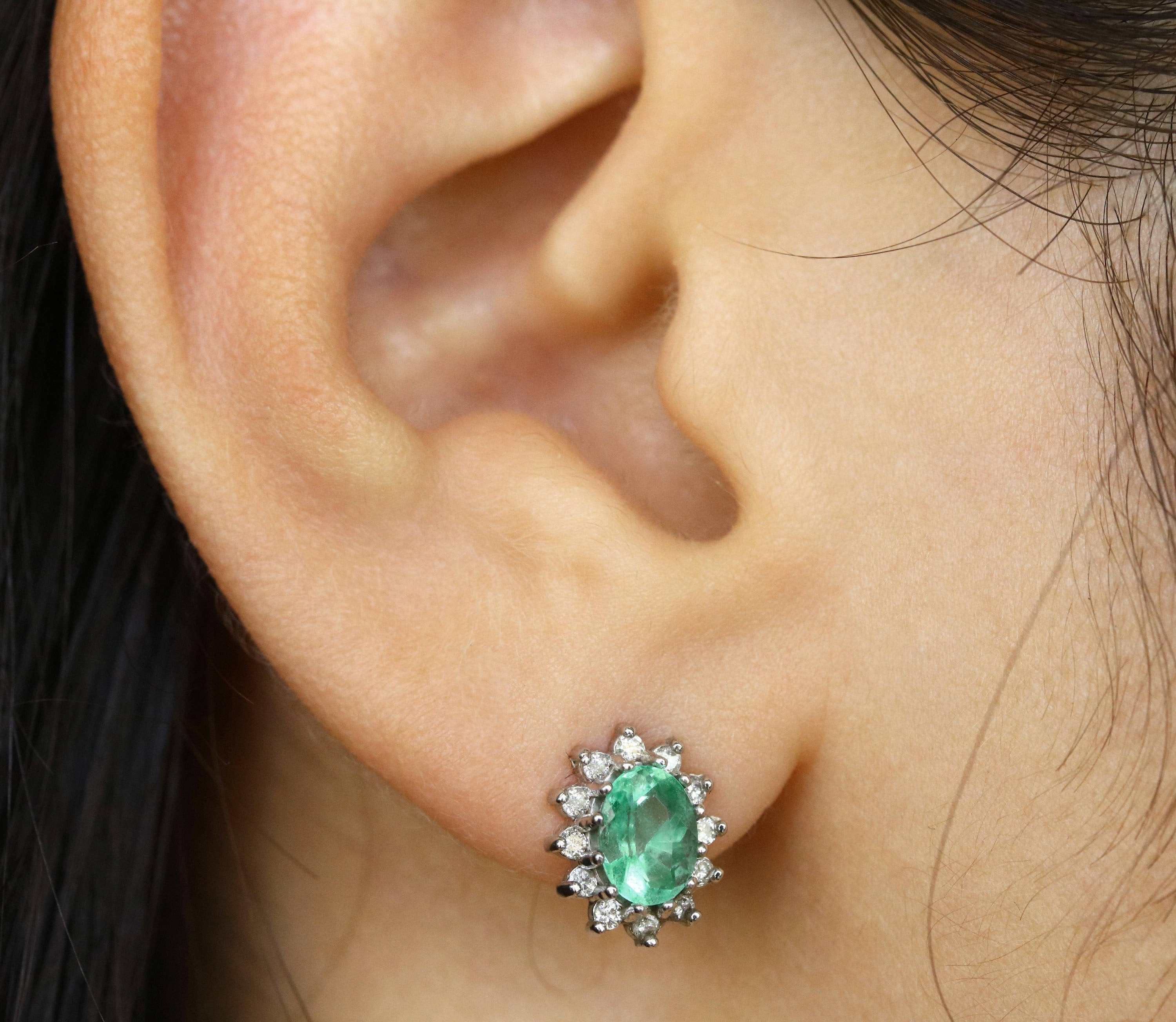 2.55 Carat Oval Emerald & Round Diamond Halo Earrings in 14K Gold - Perfect for Weddings, Parties & Special Occasions
