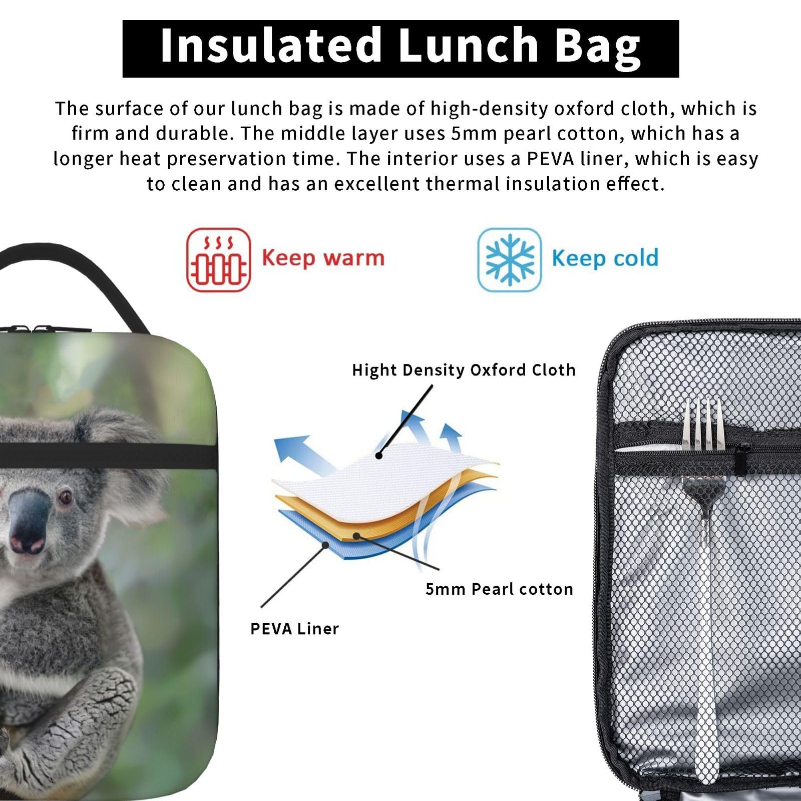 Insulated Reusable Koala Lunch Box - Cute Animal Design Lunch Bag for Men, Women, Teens & Kids | Portable Cooler Tote for Office, School, Travel & Picnics | BPA-Free & Leak-Proof Lunchbox