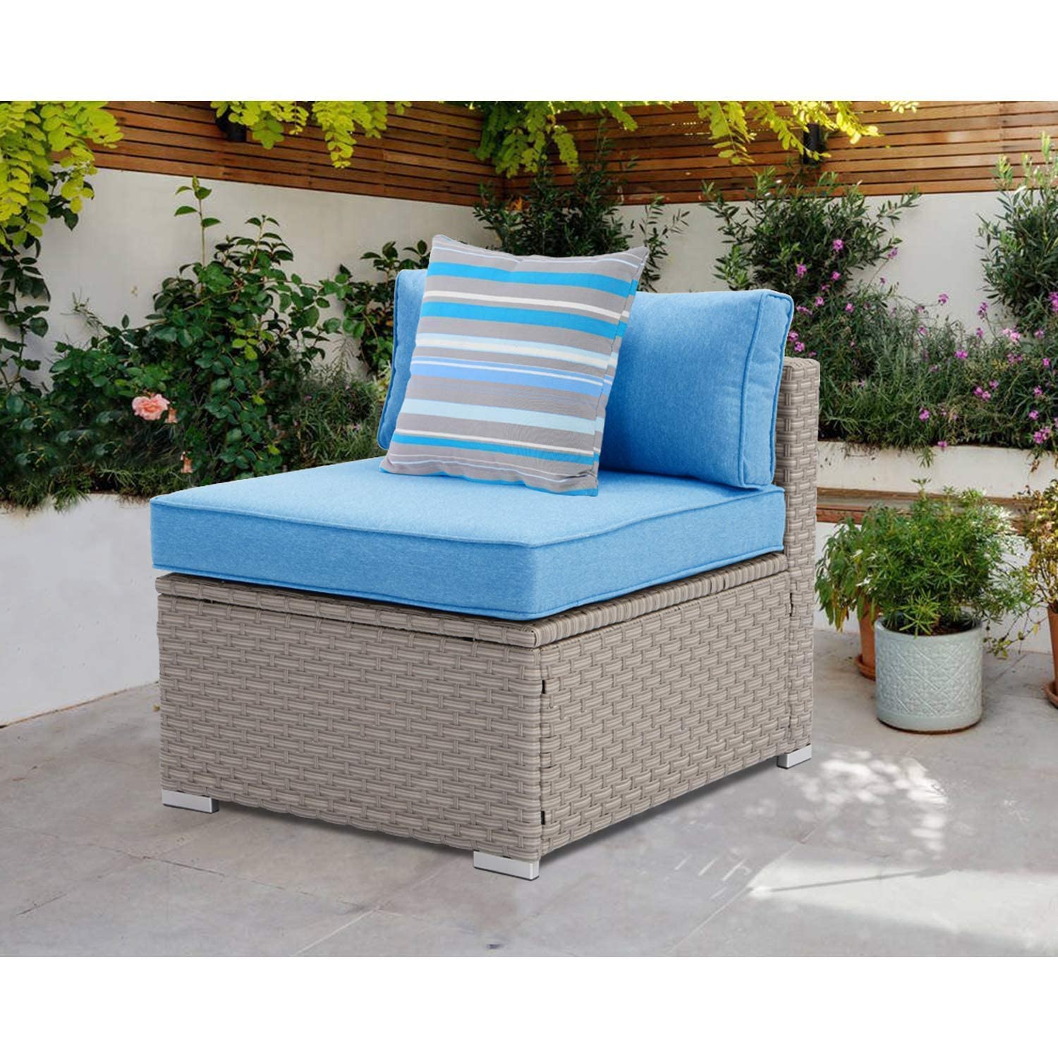 Sunbury Outdoor Patio Sectional Sofa Chair - Blue Wicker Armless Seat with Psychedelic Pillow - Elegant Garden & Backyard Furniture for Porch, Poolside & Outdoor Relaxation
