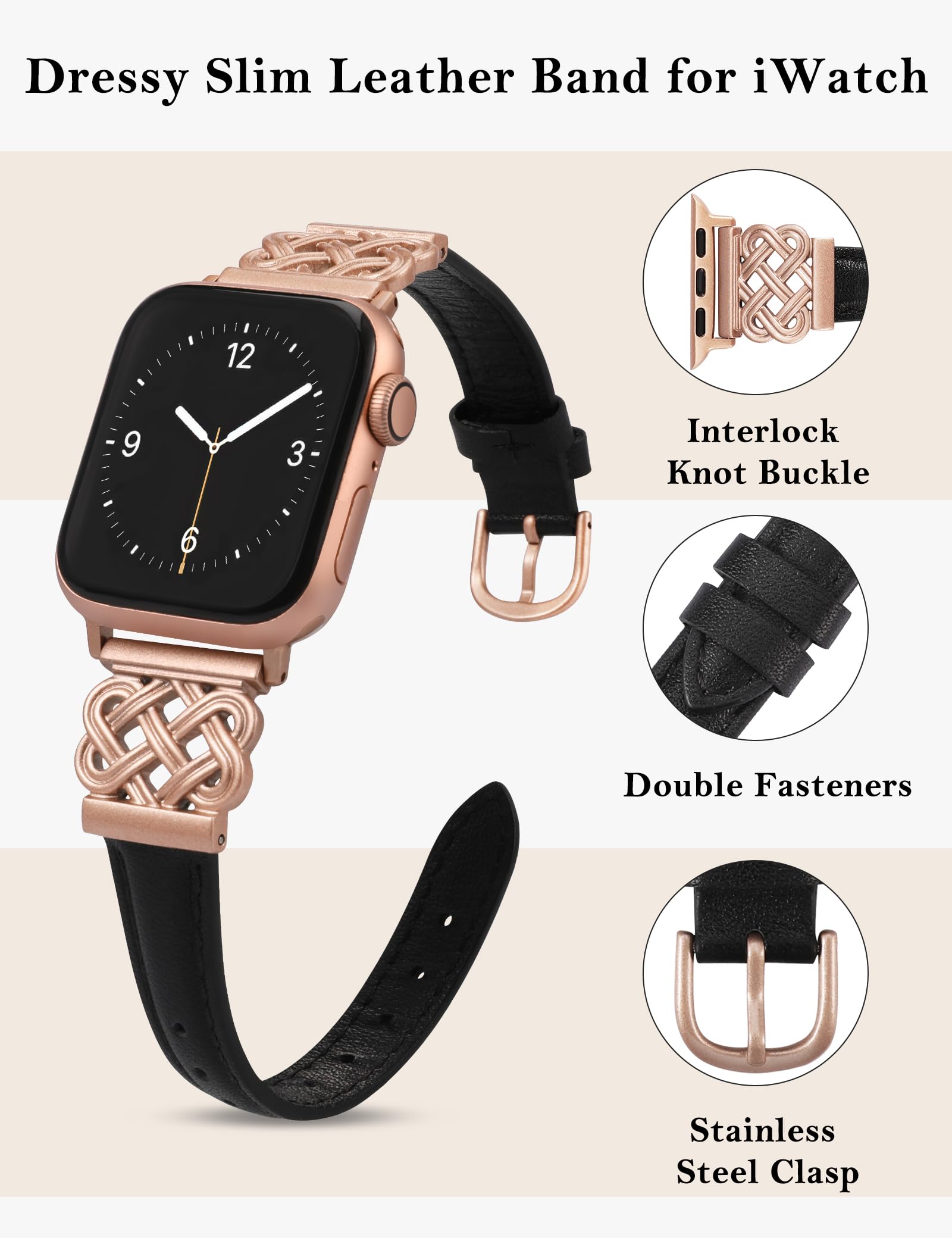 Premium Genuine Leather Apple Watch Band - Compatible with 38/40/41/42mm iWatch Series 10/9/8/7/6/5/4/3/2/1 & SE - Slim Dressy Bracelet with Secure Interlock Buckle - Black & Rose Pink Options - Perfect for Work, Formal Events & Everyday Wear
