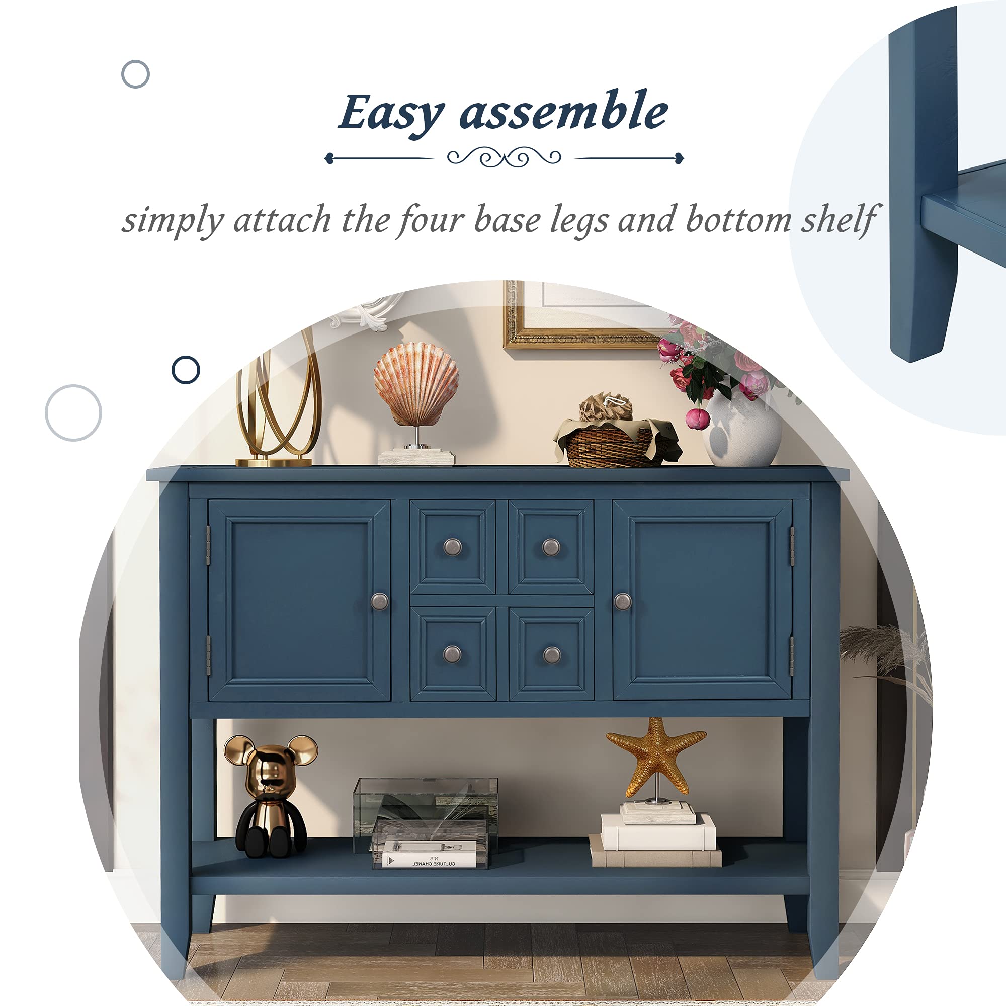 Antique Navy Wood Buffet Sideboard with Storage Cabinet & Drawers - Console Table, Sofa Table with Bottom Shelf for Living Room, Kitchen, Entryway - Perfect for Dining Room Storage & Hallway Decor