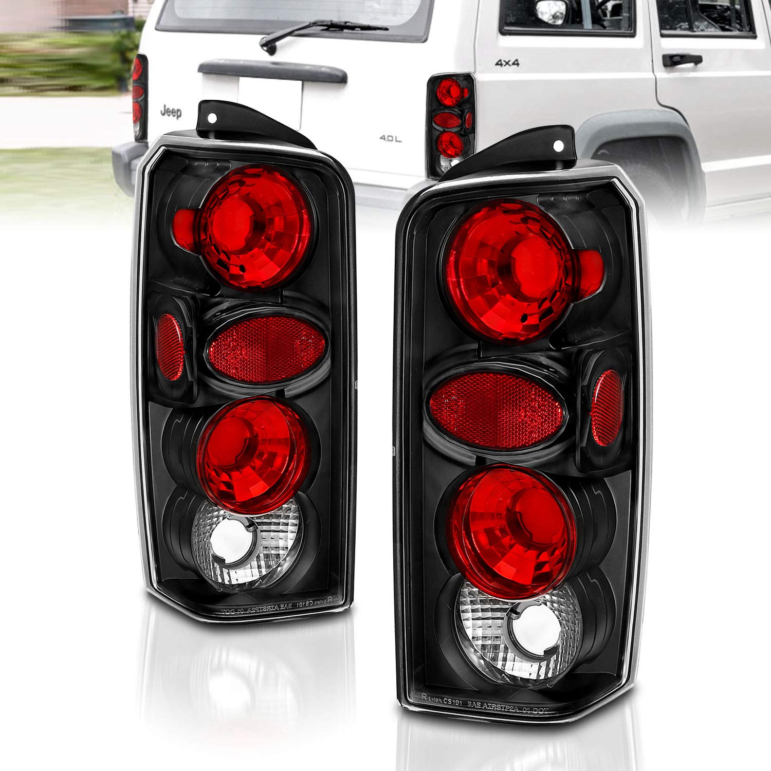 AmeriLite Black Euro Tail Lights for Jeep Cherokee - Left & Right Side Pair - Stylish & Durable Replacement Lights for Off-Road & Night Driving