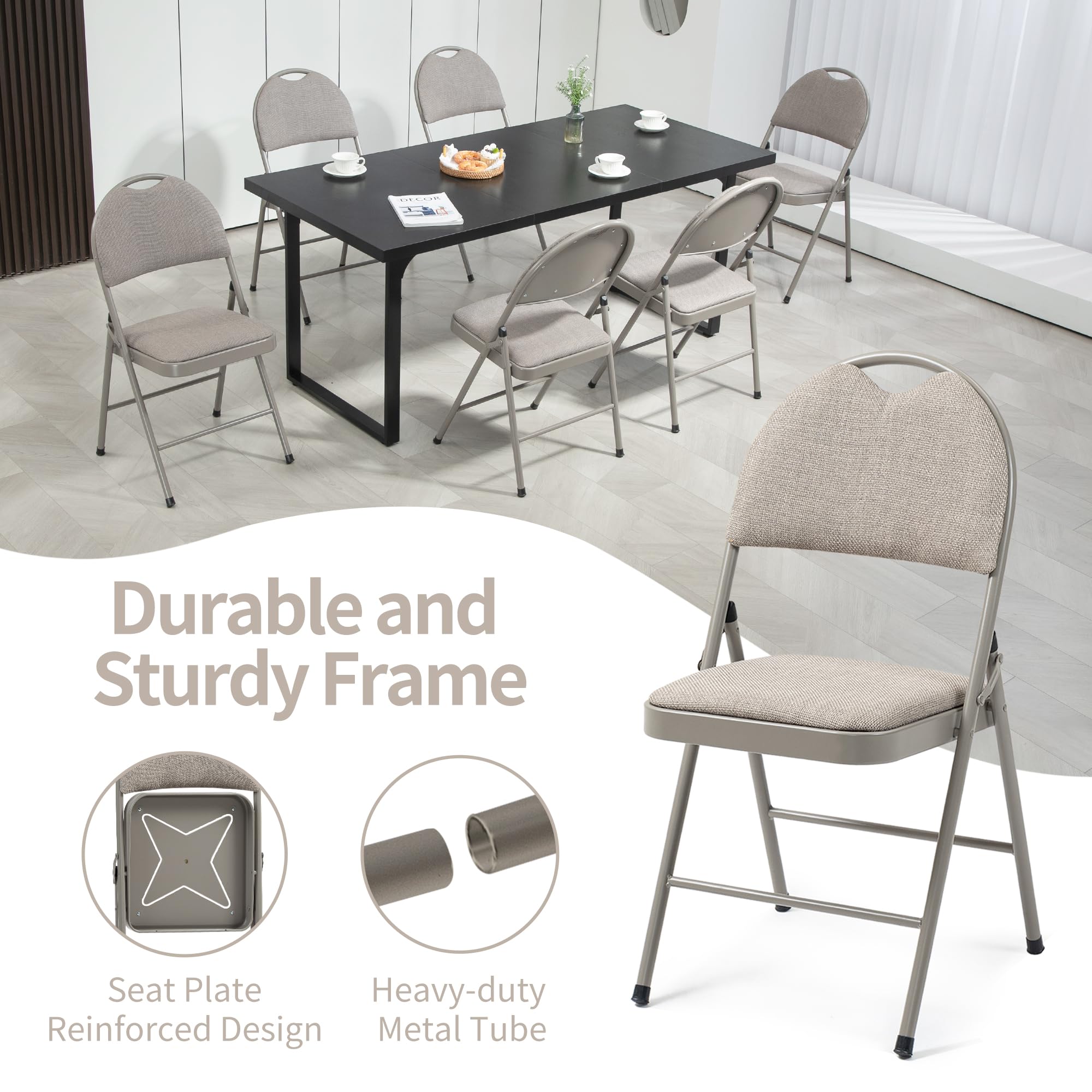 HOMEFUN 6-Pack Padded Folding Chairs with Cushion - Portable & Pre-Assembled Foldable Dining Chairs for Kitchen, Office, Wedding, Party - Comfortable Seating for Guests (Khaki) - Perfect for Indoor/Outdoor Events, Picnics & Home Gatherings