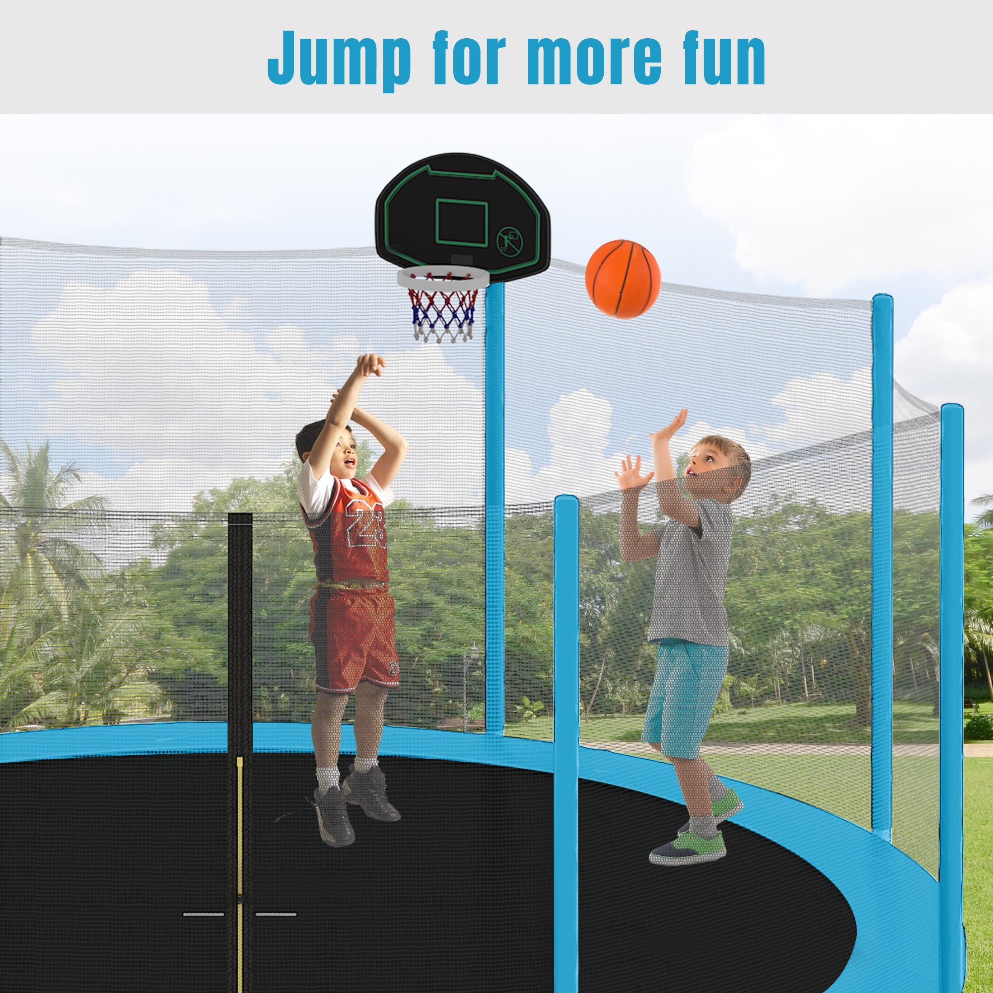 14FT Kids Trampoline with Safety Enclosure Net, Basketball Hoop & Ladder - Easy Assembly Round Outdoor Trampoline for Backyard Fun & Exercise