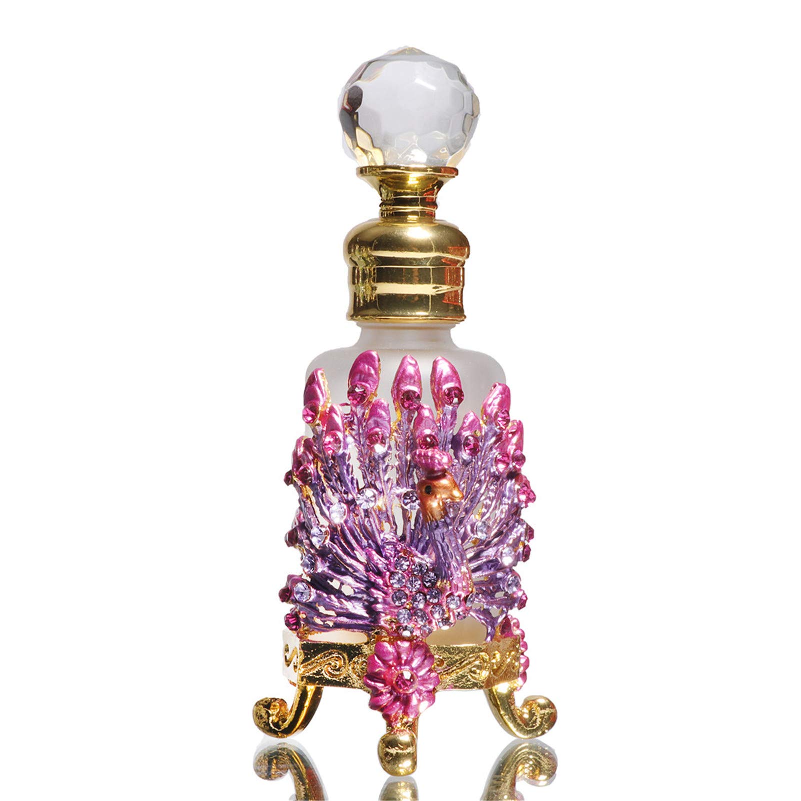 Waltz&F Vintage Peacock Octagon Frosted Glass Perfume Bottle - 12ml Refillable Essential Oil Bottle with Jeweled Design (Pink) | Perfect for Home Fragrance, Gift Giving & Aromatherapy