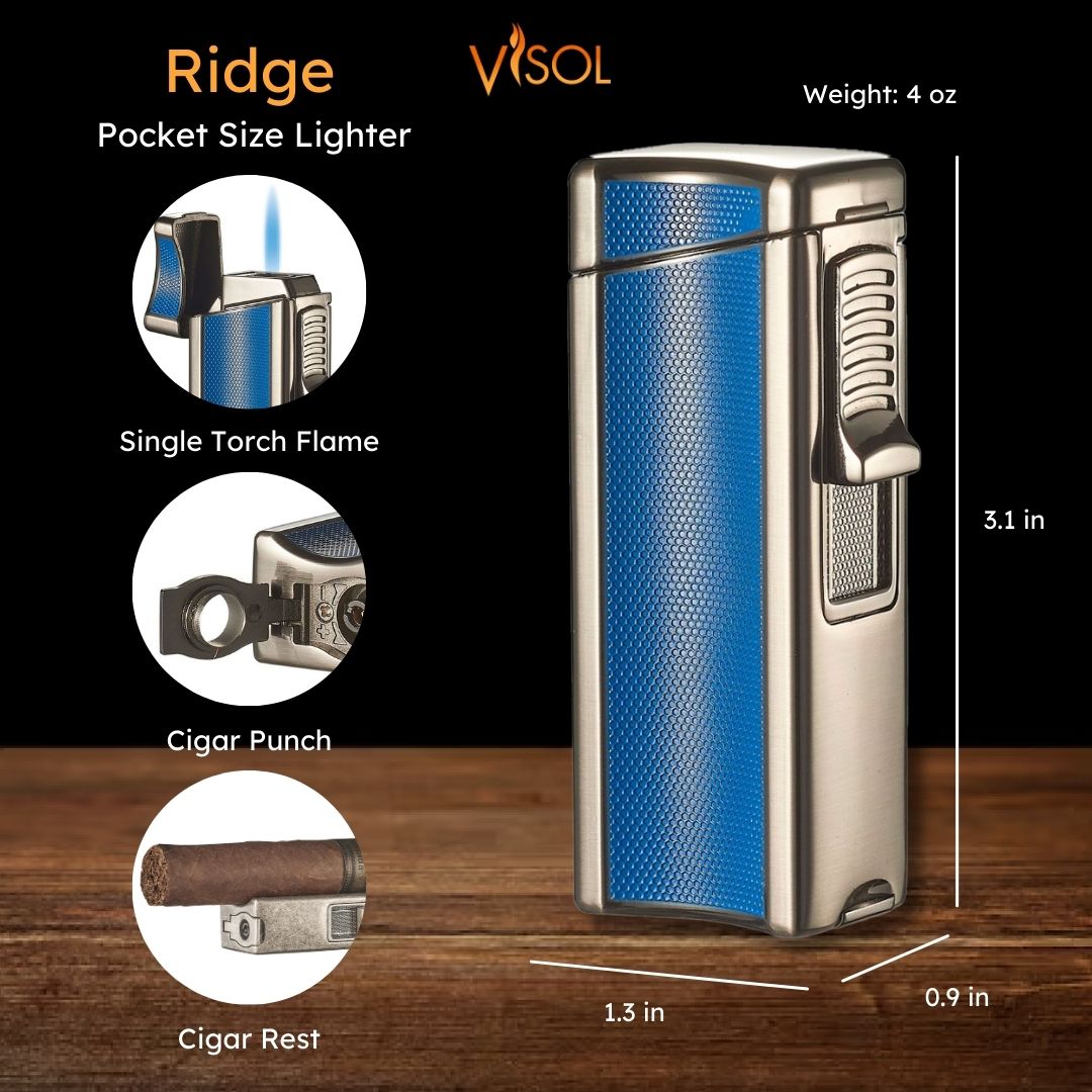 Visol Ridge Blue Single Flame Torch Lighter with Cigar Rest - Windproof Butane Lighter for Cigars, Cigarettes & Outdoor Use - Perfect for Camping, BBQ & Smoking Accessories