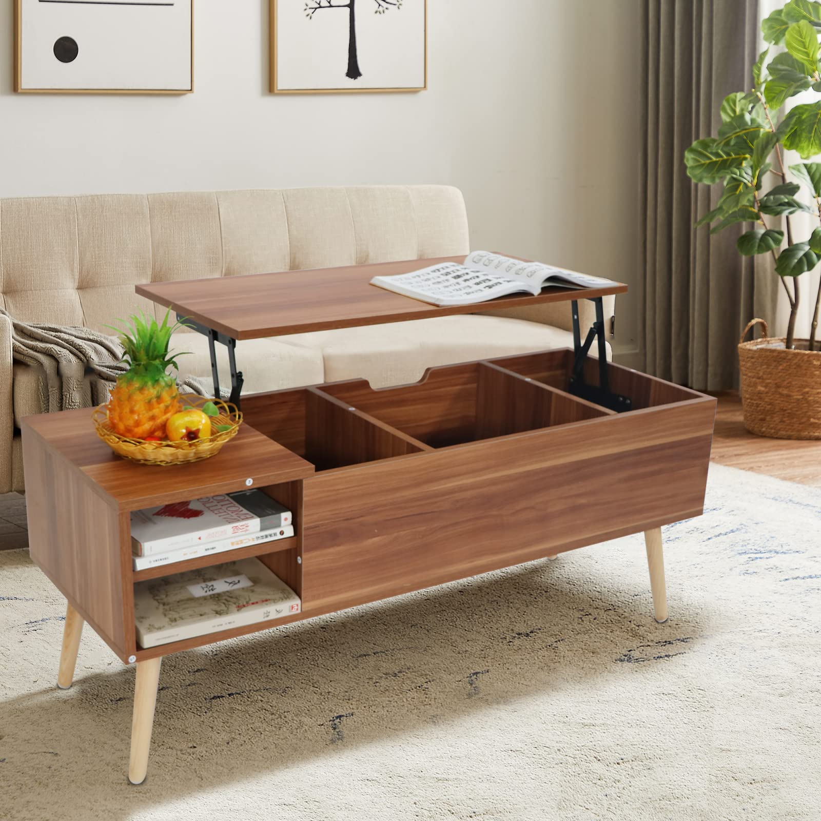 DreamMespace Wood Lift Top Coffee Table with Hidden Compartment, Adjustable Storage Shelf, Rosewood – Perfect for Home Living Room, Office, and Small Space Dining