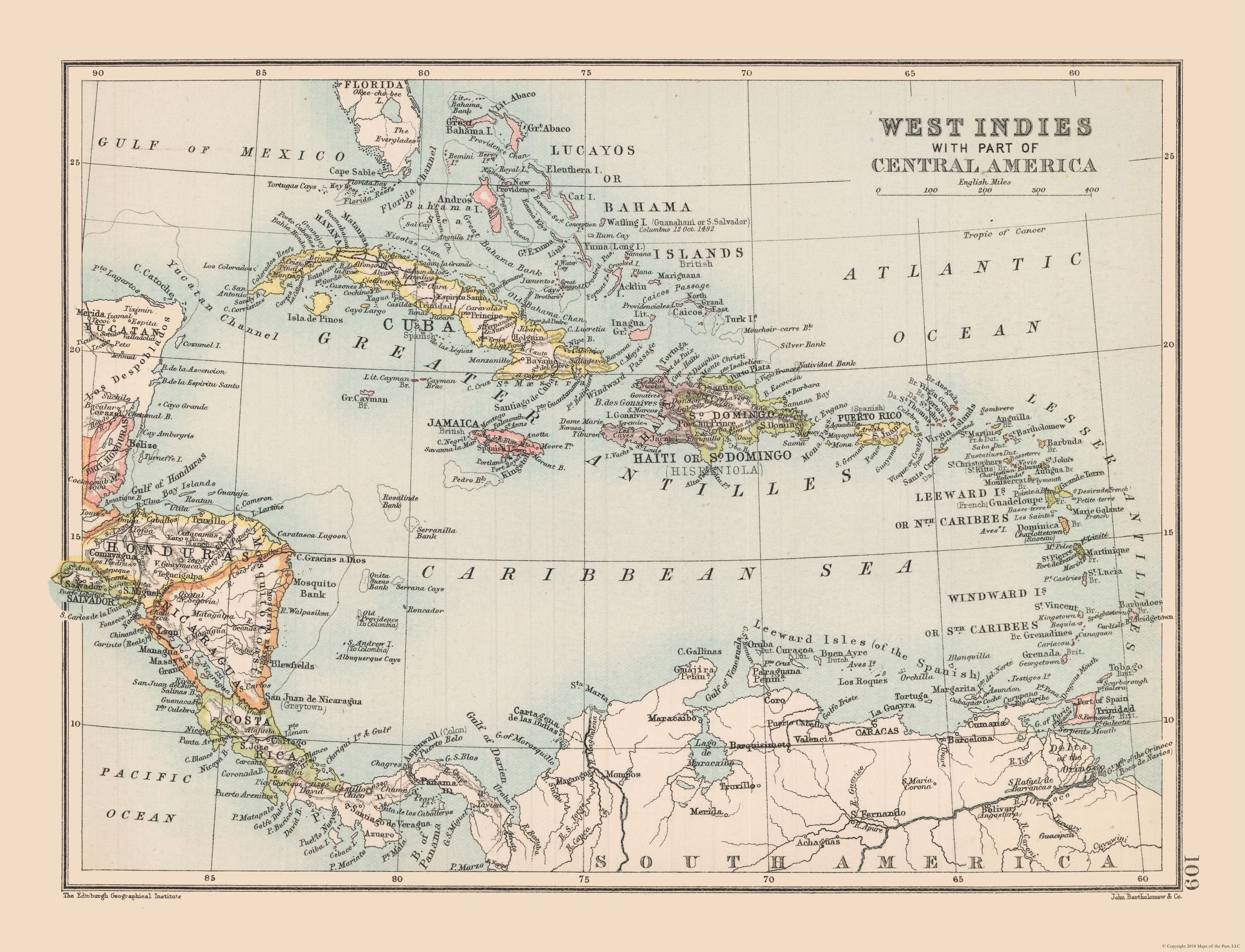 Vintage 1892 Bartholomew Map of Central America & West Indies - 23 x 30 Inch Matte Canvas Wall Art - Perfect for Home Decor, Office & History Enthusiasts