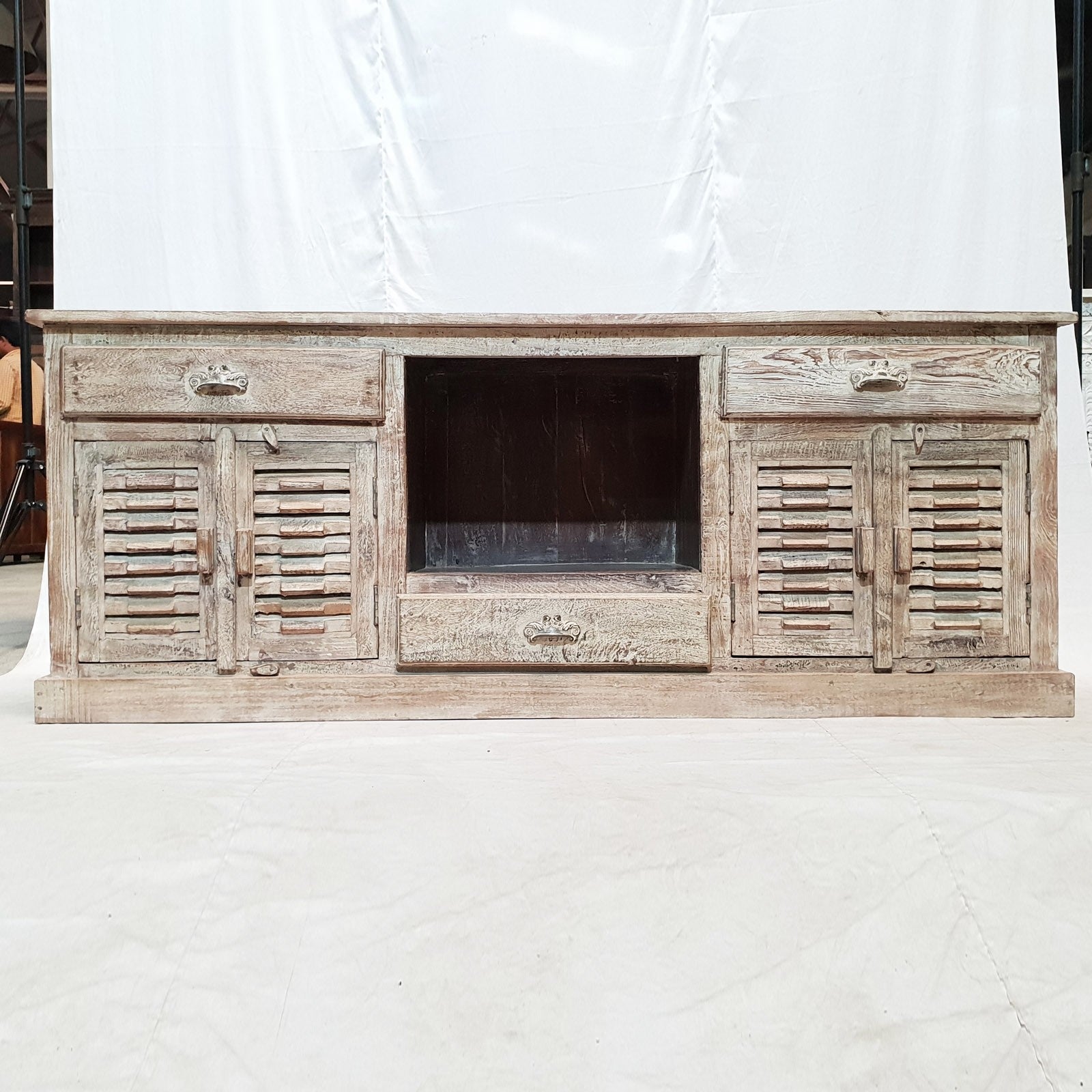 Rustic Solid Wood Media Console TV Stand with French Shutter Design - 72 Inch Large Entertainment Center for Living Room, Home Theater & Modern Décor