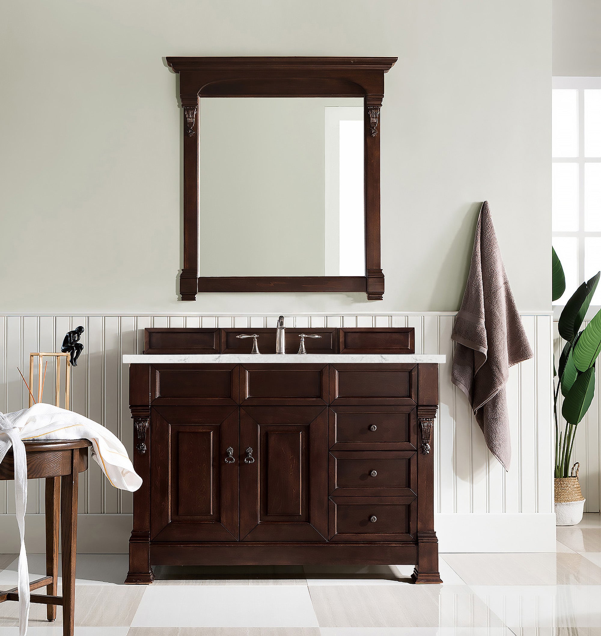 Brookfield 48 Inch Single Bathroom Vanity with Burnished Mahogany Base & 3CM Eternal Jasmine Pearl Quartz Countertop - Perfect for Modern Master Bathrooms and Guest Powder Rooms